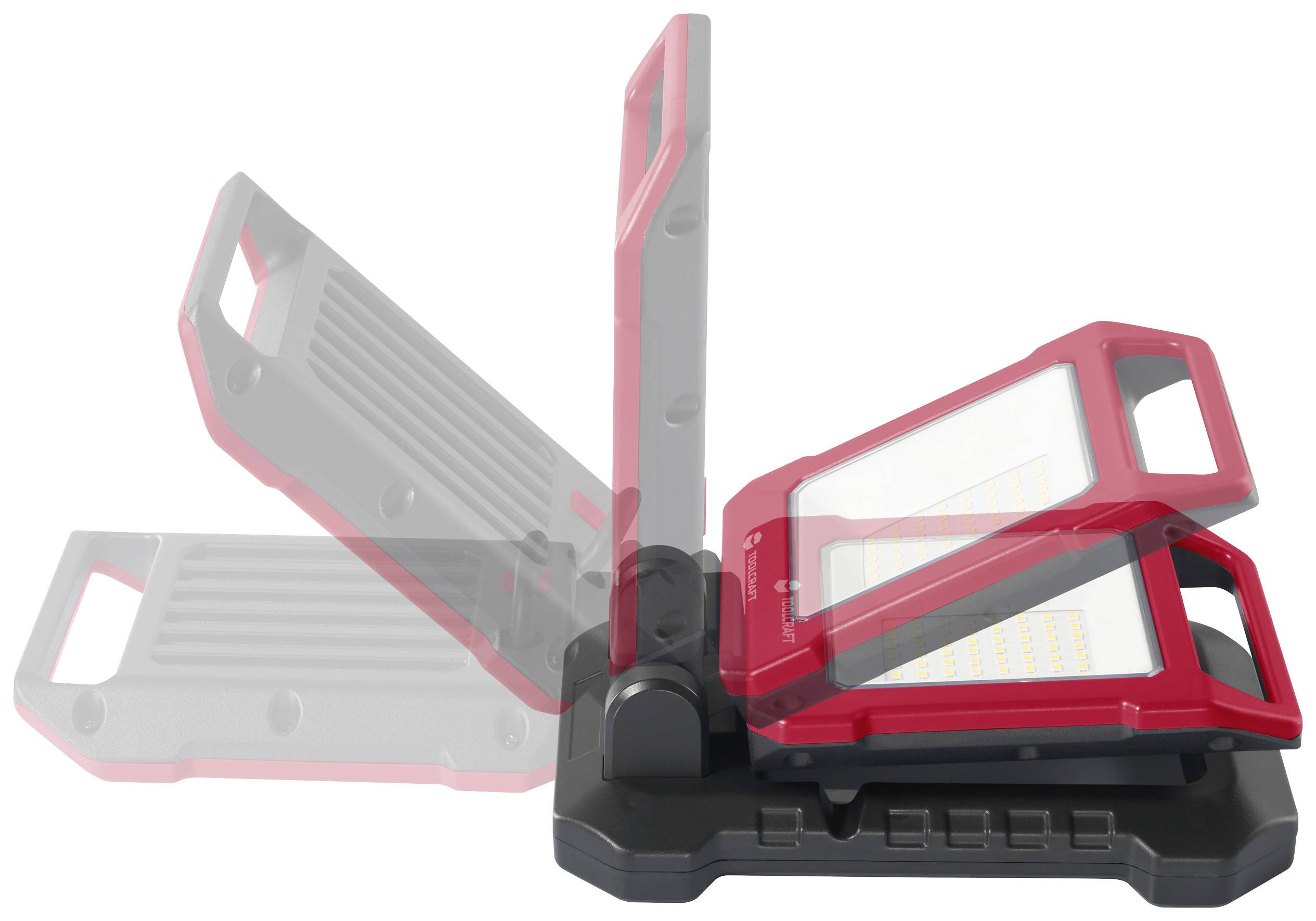 Czerwona przenośna lampa robocza LED, składana, oferująca różne kąty ustawienia dla elastycznego oświetlenia.