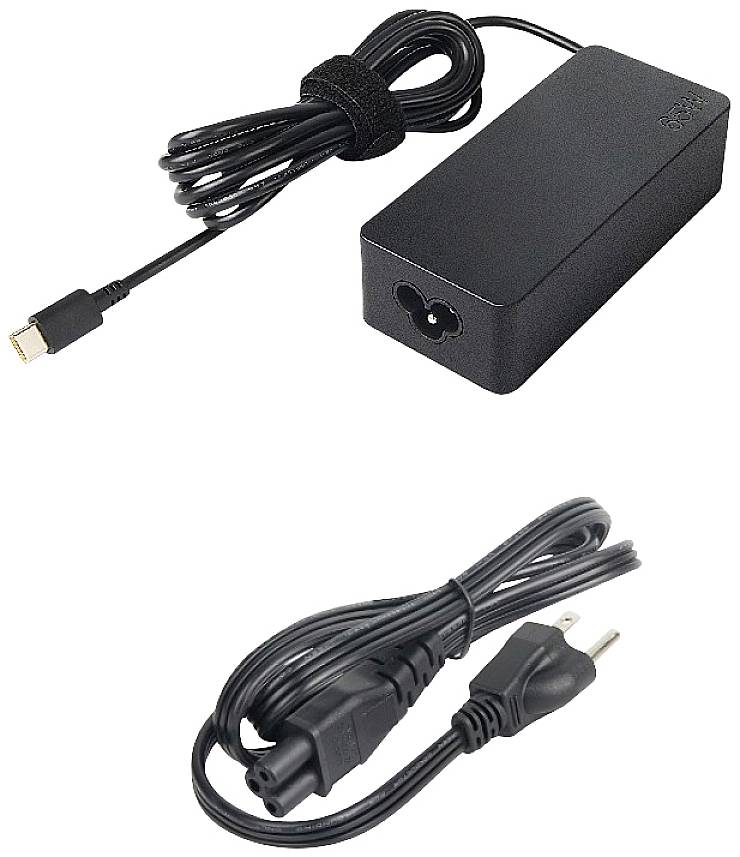 Ładowarka do laptopa z prostokątnym zasilaczem i kablami. Na górze zasilacz; na dole kabel zasilający z wtyczką do gniazdka elektrycznego.