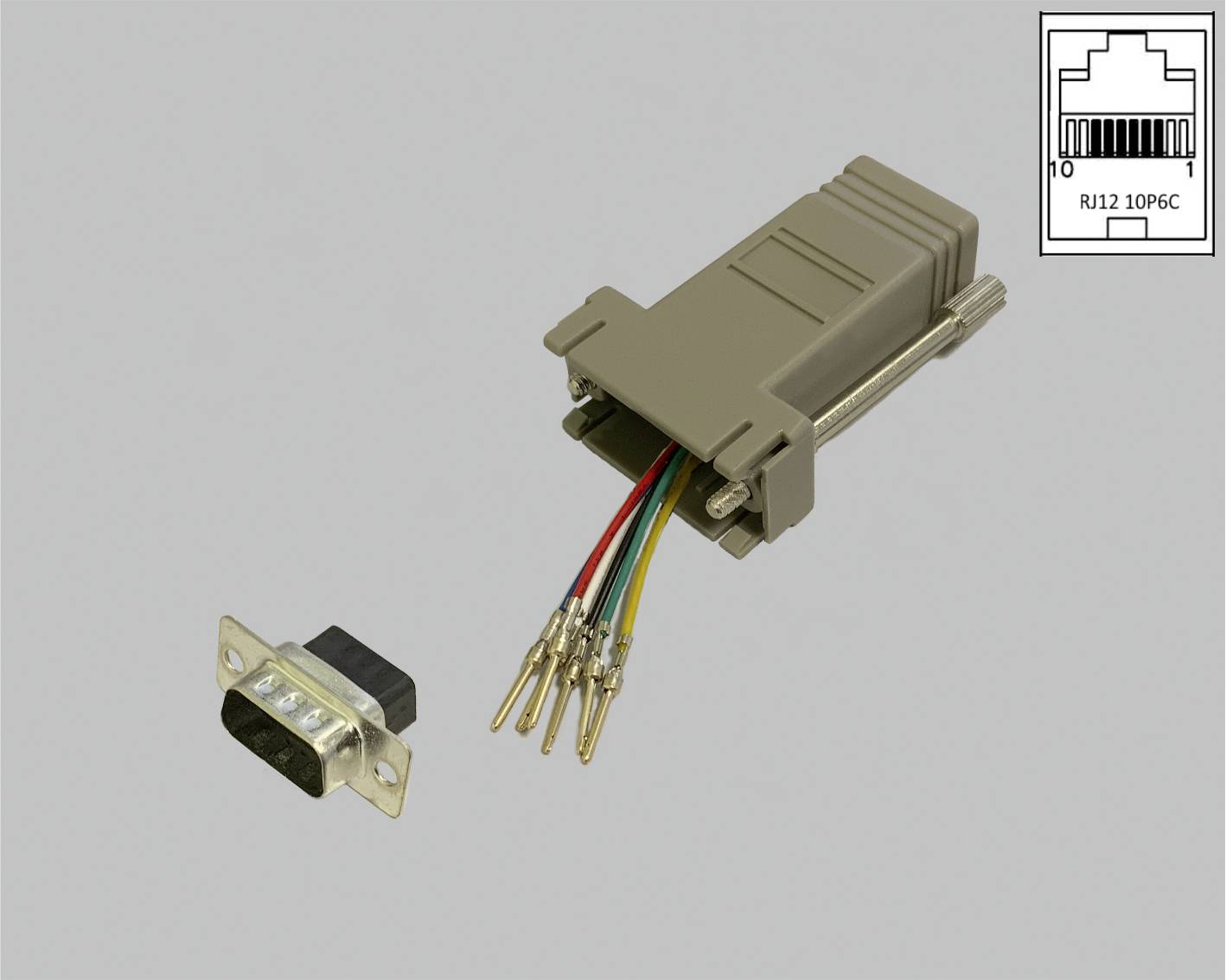 Adapter wtykowy RJ12 10P6C obok wymiennej złączki z sześcioma kolorowymi przewodami. Schemat złącza RJ12.