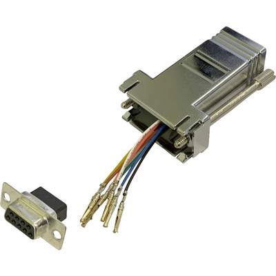 Dwie komponenty wtyczki elektrycznej: srebrny adapter z widocznymi, kolorowymi przewodami oraz czarna wtyczka.