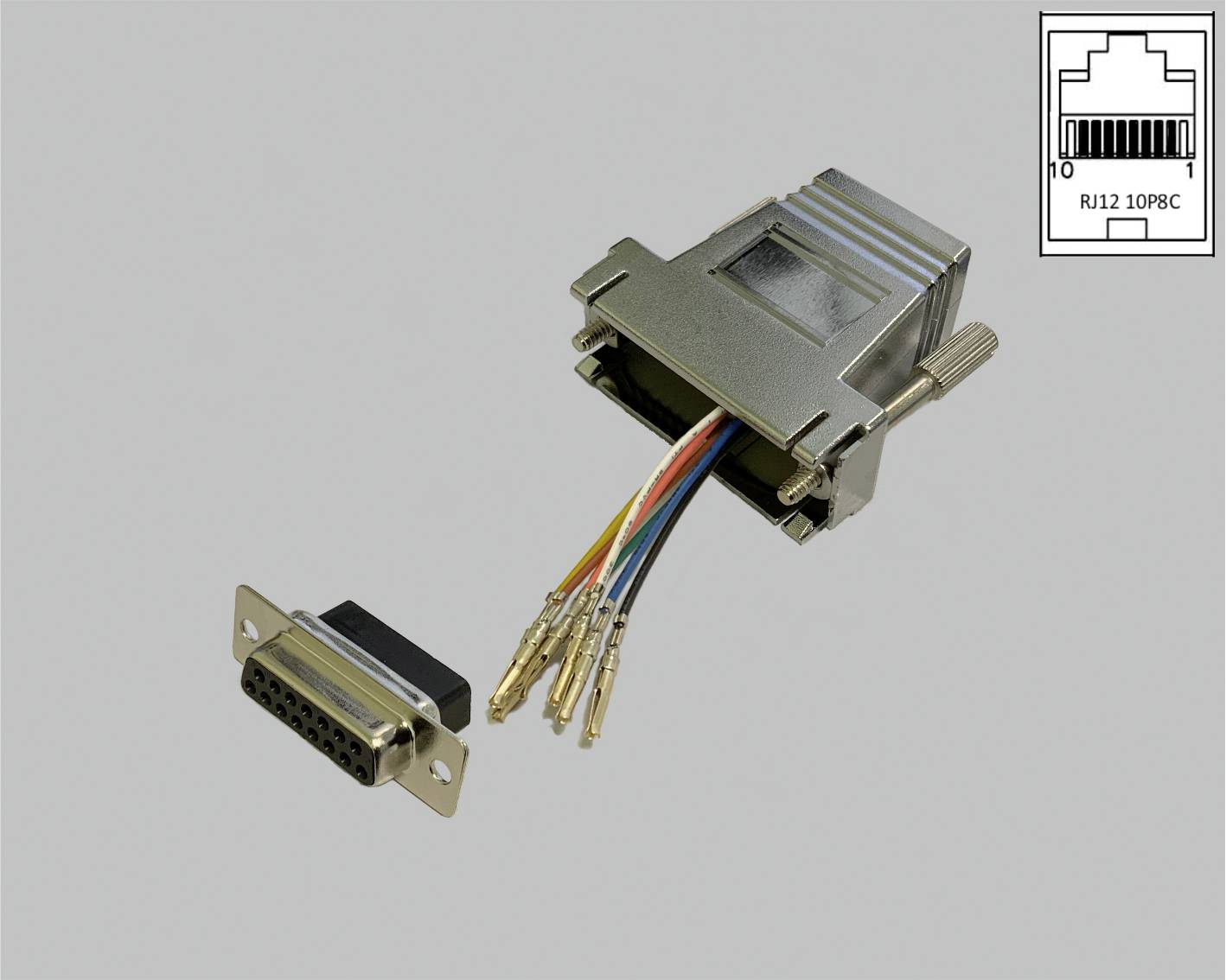 Kable komputerowe z wielokolorowymi izolowanymi przewodami wystającymi z wtyczki, obok obudowa złącza metalowego. W prawym górnym rogu diagram RJ12/10DRC.