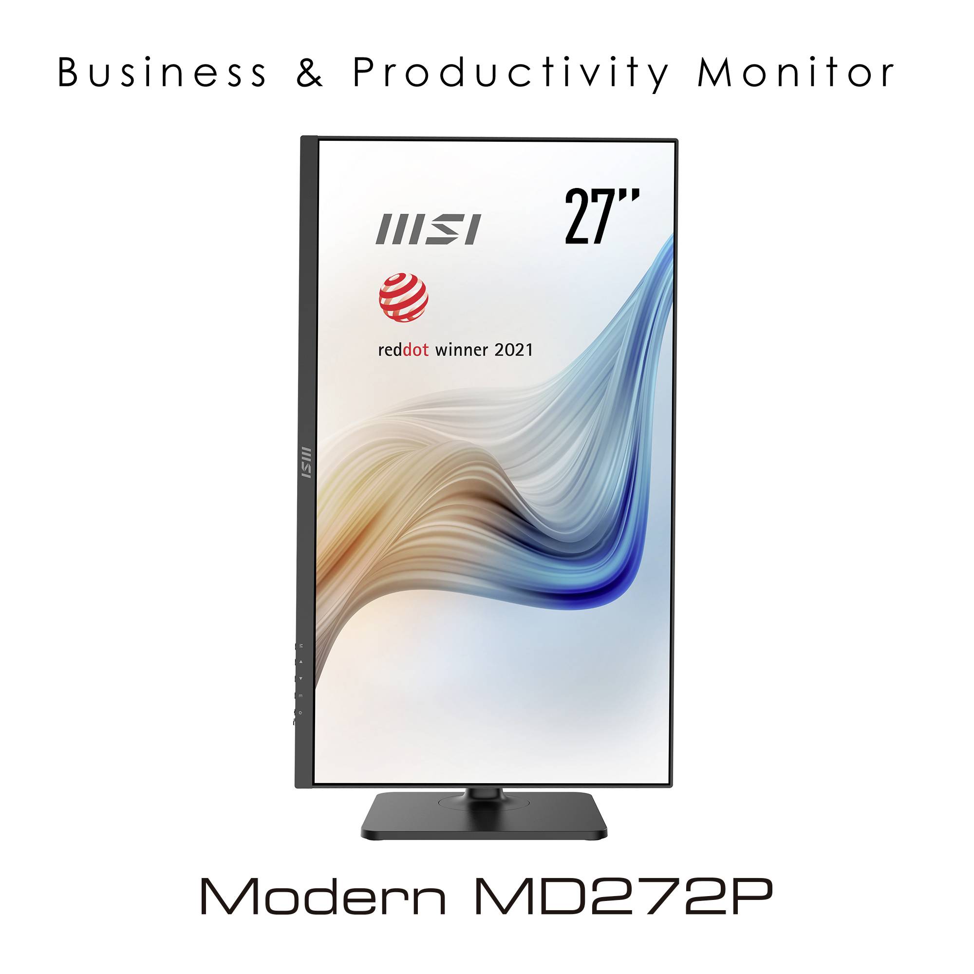 Pionowo ustawiony monitor z zakrzywionym, kolorowym wzorem. Tekst 'MSI 27"', 'zwycięzca Red Dot 2021', 'Modern MD272P'.