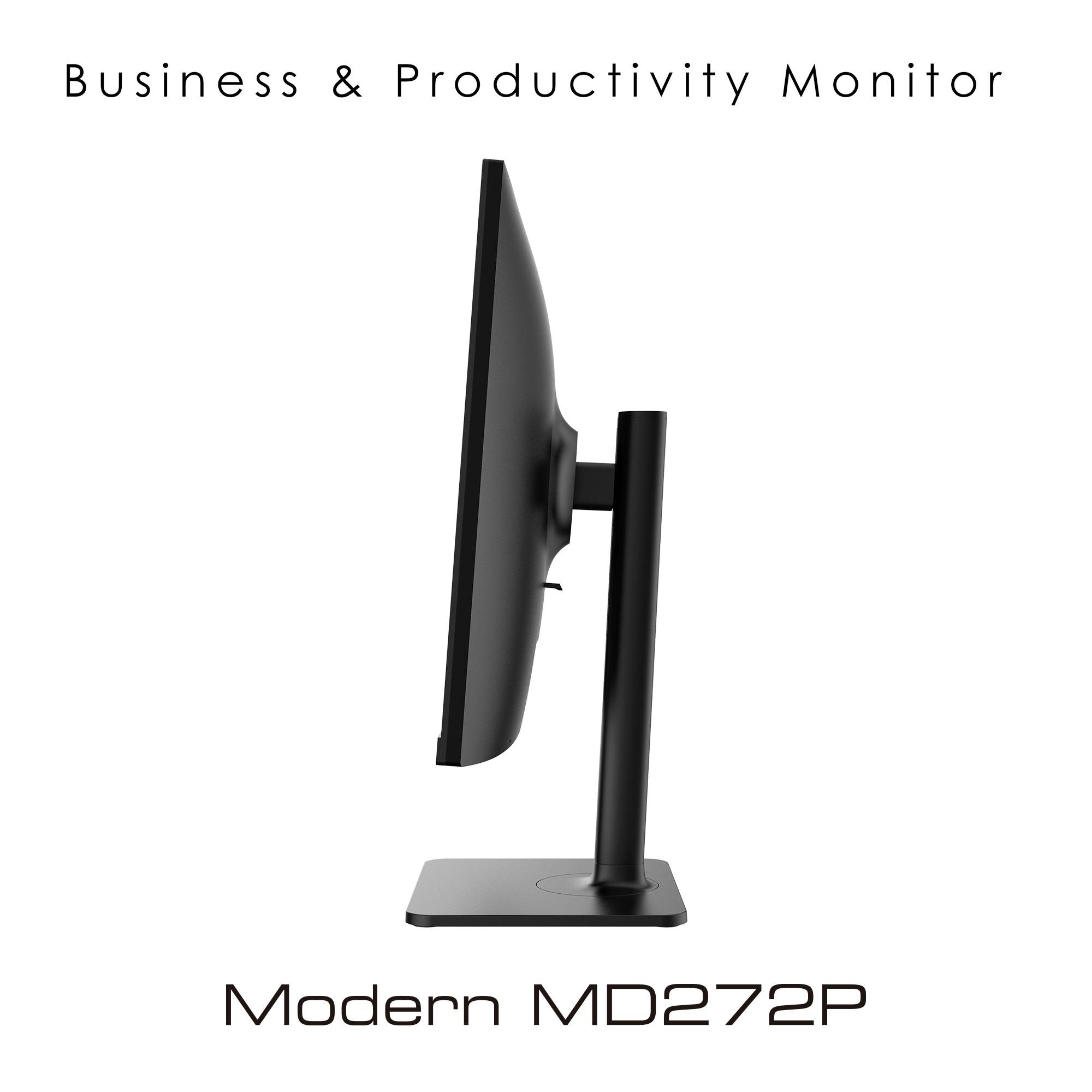 Czarny monitor ukazany z boku na podstawce, z napisem "Monitor Biznesowy & Produktywność" powyżej oraz "Modern MD272P" poniżej.