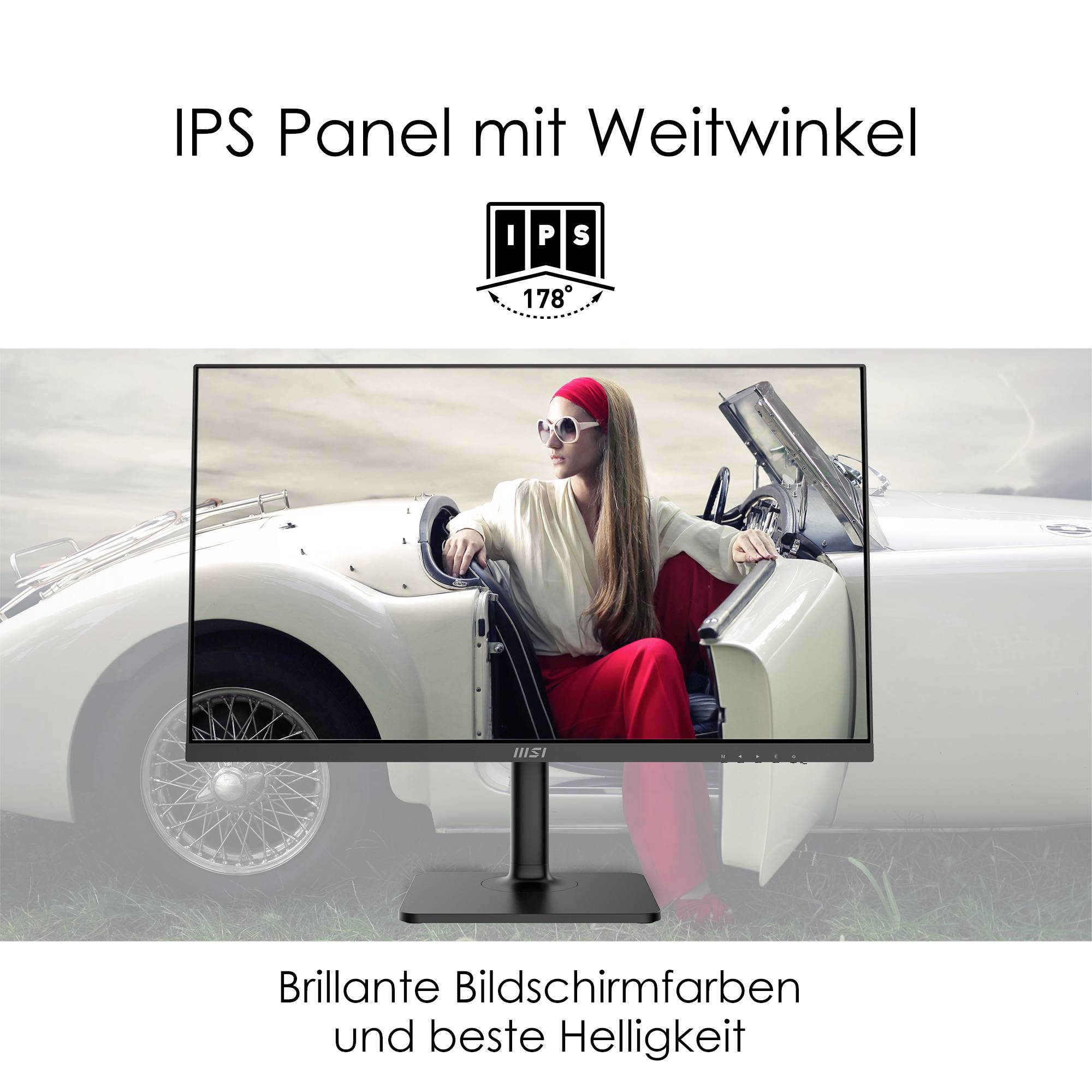 Kobieta siedzi w kabriolecie. Tekst: 'Panel IPS z szerokokątnym ekranem 178°', 'Błyszczące kolory ekranu i najwyższa jasność'.