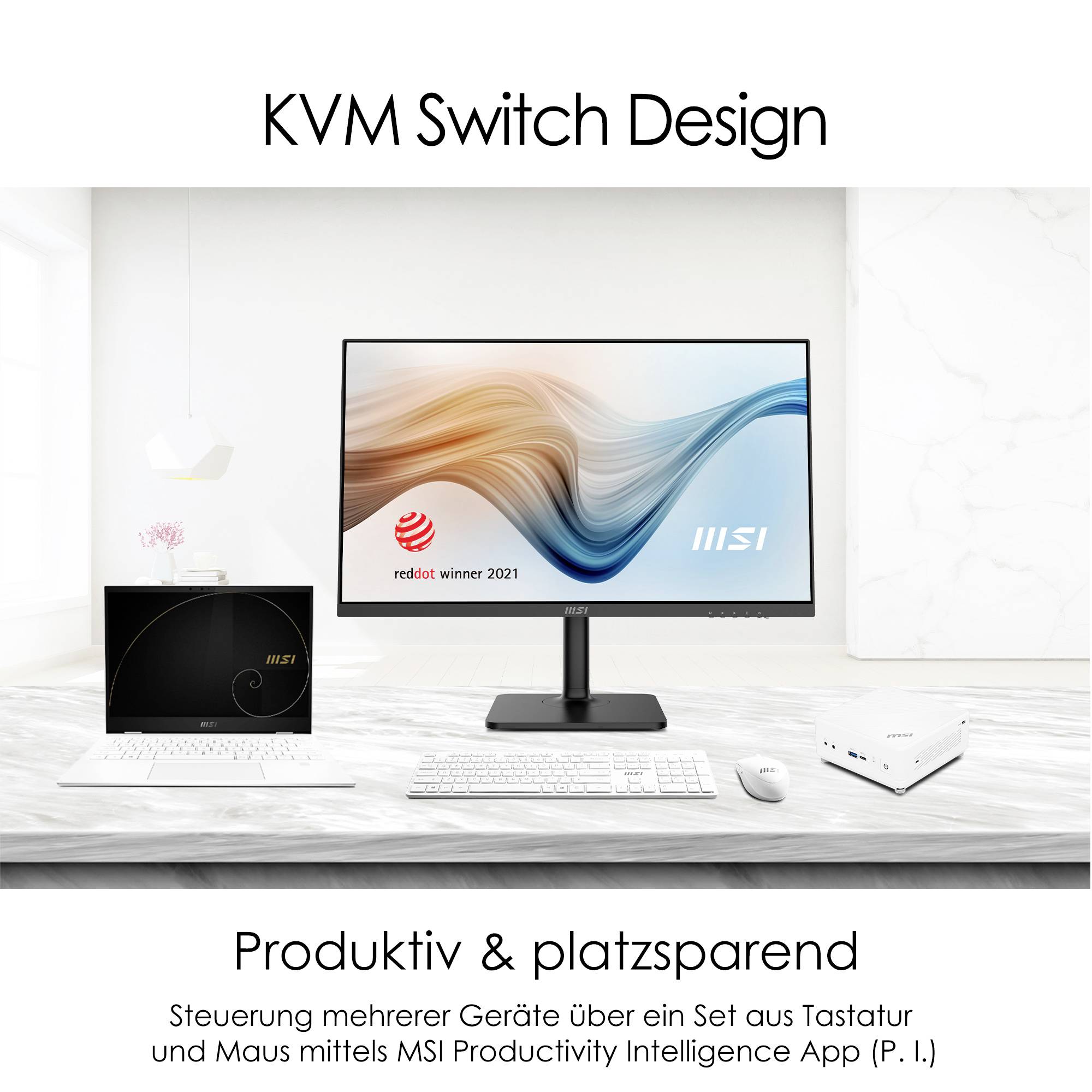 Stanowisko pracy z monitorem, laptopem i przełącznikiem KVM. Monitor wyświetla napis 'reddot winner 2021', a całe rozwiązanie jest oszczędne przestrzennie.