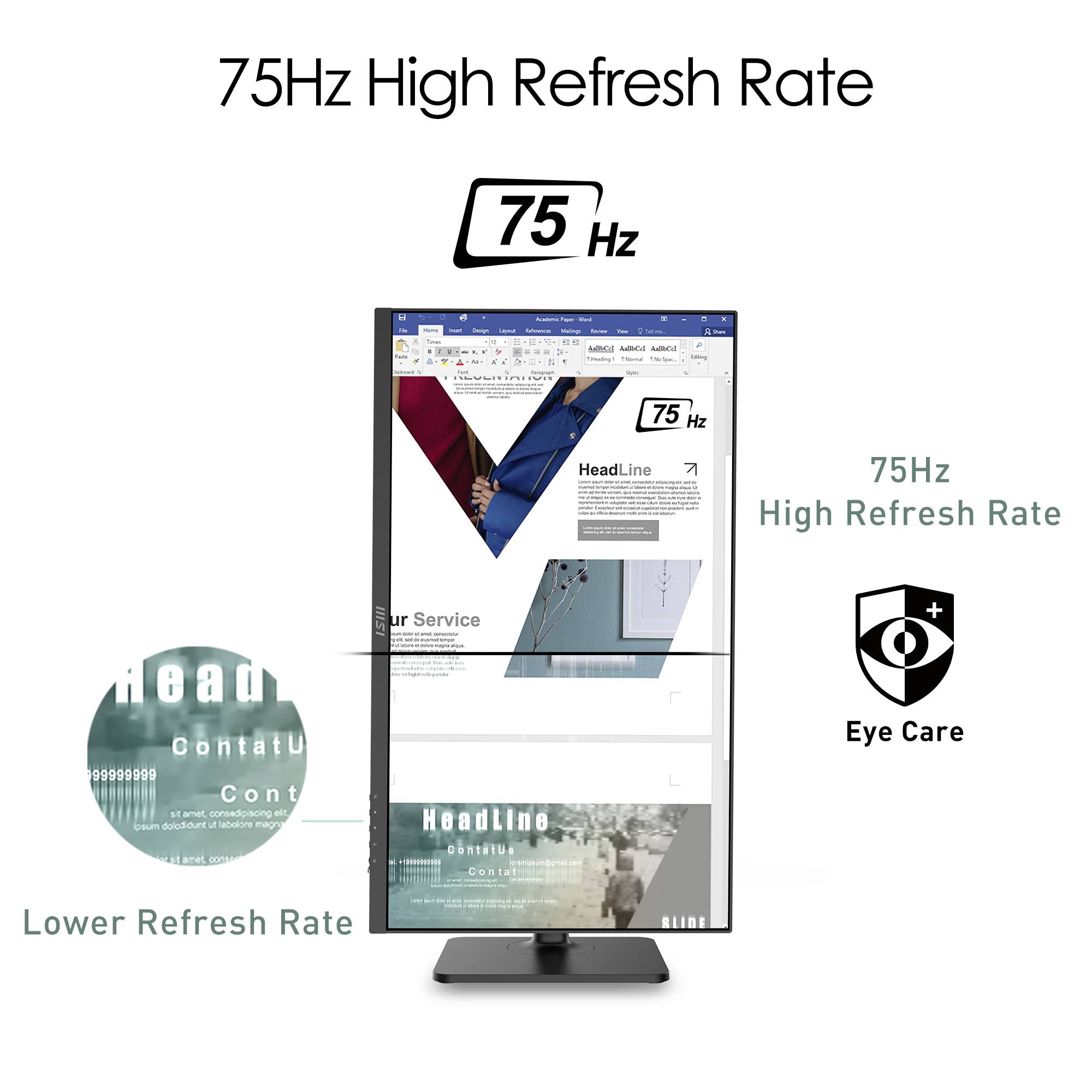 Monitor wyświetla treści z częstotliwością odświeżania '75 Hz High Refresh Rate'. Obok symbol ochrony oczu. Porównanie z niższą częstotliwością odświeżania.
