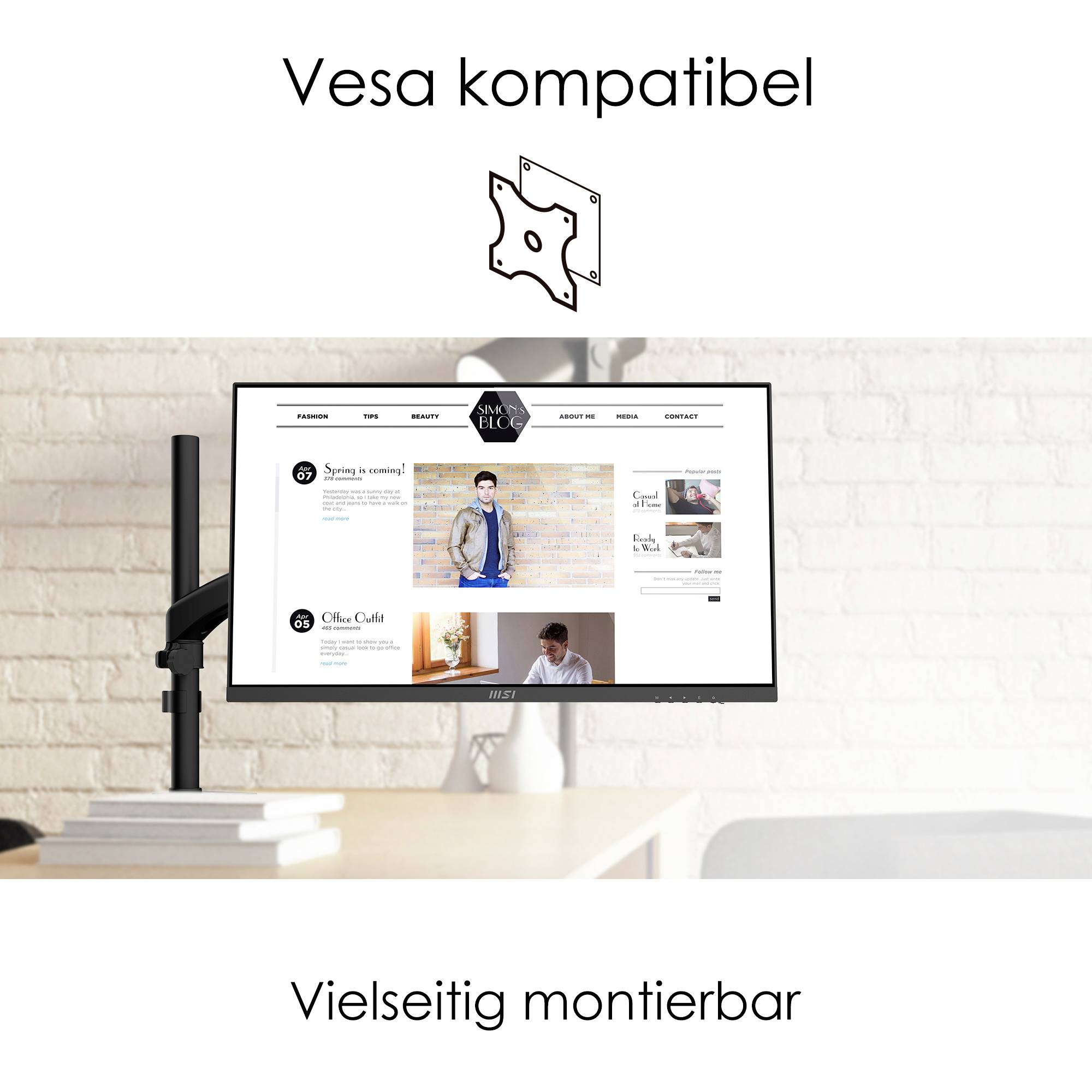 Monitor zamocowany na uchwycie wyświetla stronę internetową. Tekst u góry: 'Zgodny z VESA'. Tekst u dołu: 'Wielostronne mocowanie'.