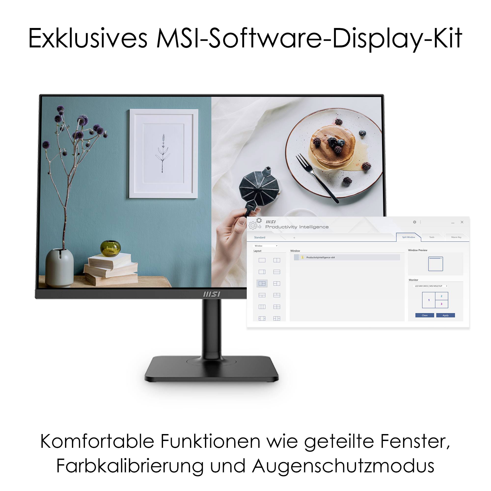 Monitor wyświetla podzielony obraz: po lewej stronie dekoracyjne ułożenie; po prawej scena śniadaniowa, u dołu interfejs oprogramowania z opcjami.