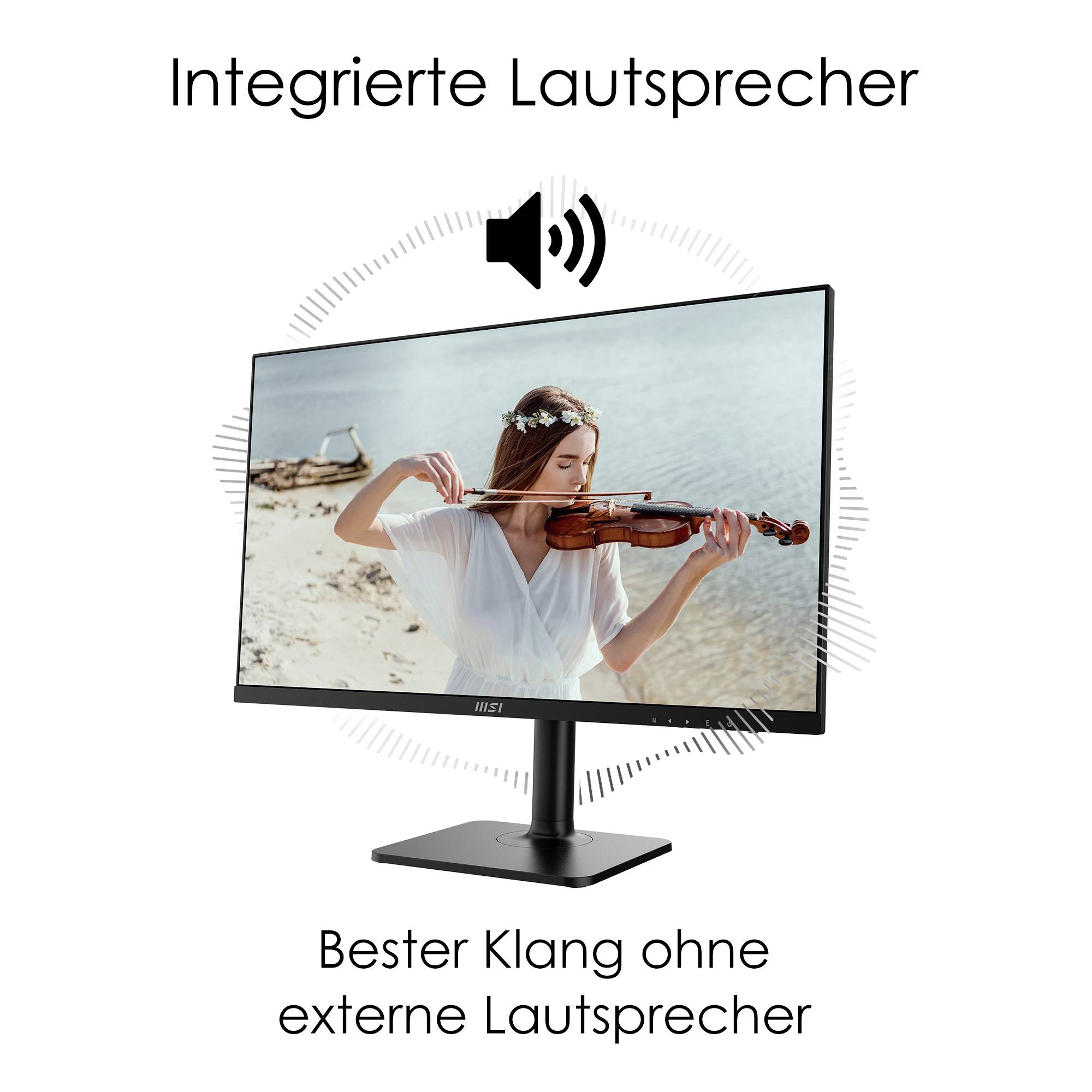 Monitor pokazuje kobietę grającą na skrzypcach na plaży. Tekst u góry: 'Zintegrowane głośniki'. Tekst u dołu: 'Najlepszy dźwięk bez dodatkowych głośników'.