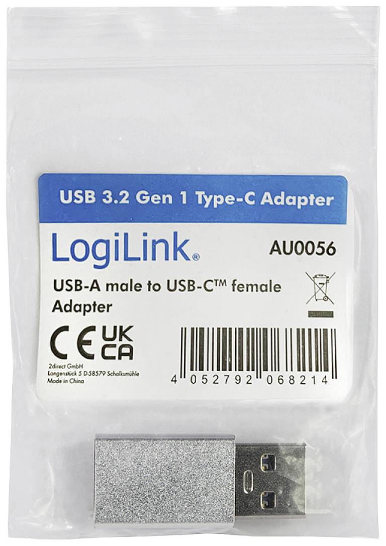 Opakowanie 'LogiLink USB 3.2 Gen 1 Type-C Adapter', prezentujące adapter z wtyczki USB-A do gniazda USB-C. Zawiera oznaczenia CE i UKCA.