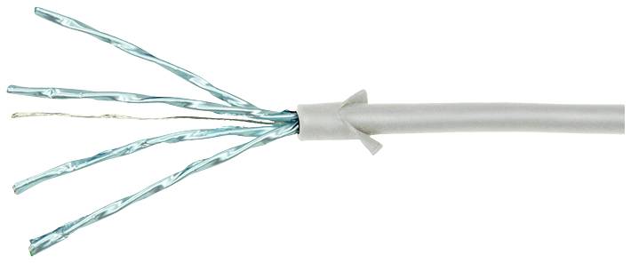 Kabel sieciowe Ethernet z czterema skręconymi parami przewodów w szarej izolacji ilustruje budowę typowego przewodu sieciowego.