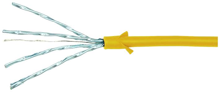 Żółty kabel z odsłoniętą izolacją ukazuje cztery obnażone przewody w niebieskim oplocie, które biegną w prawo.