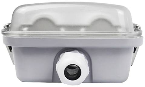 Szara elektryczna puszka przyłączeniowa z przezroczystą pokrywką i bocznym złączem kablowym pośrodku.