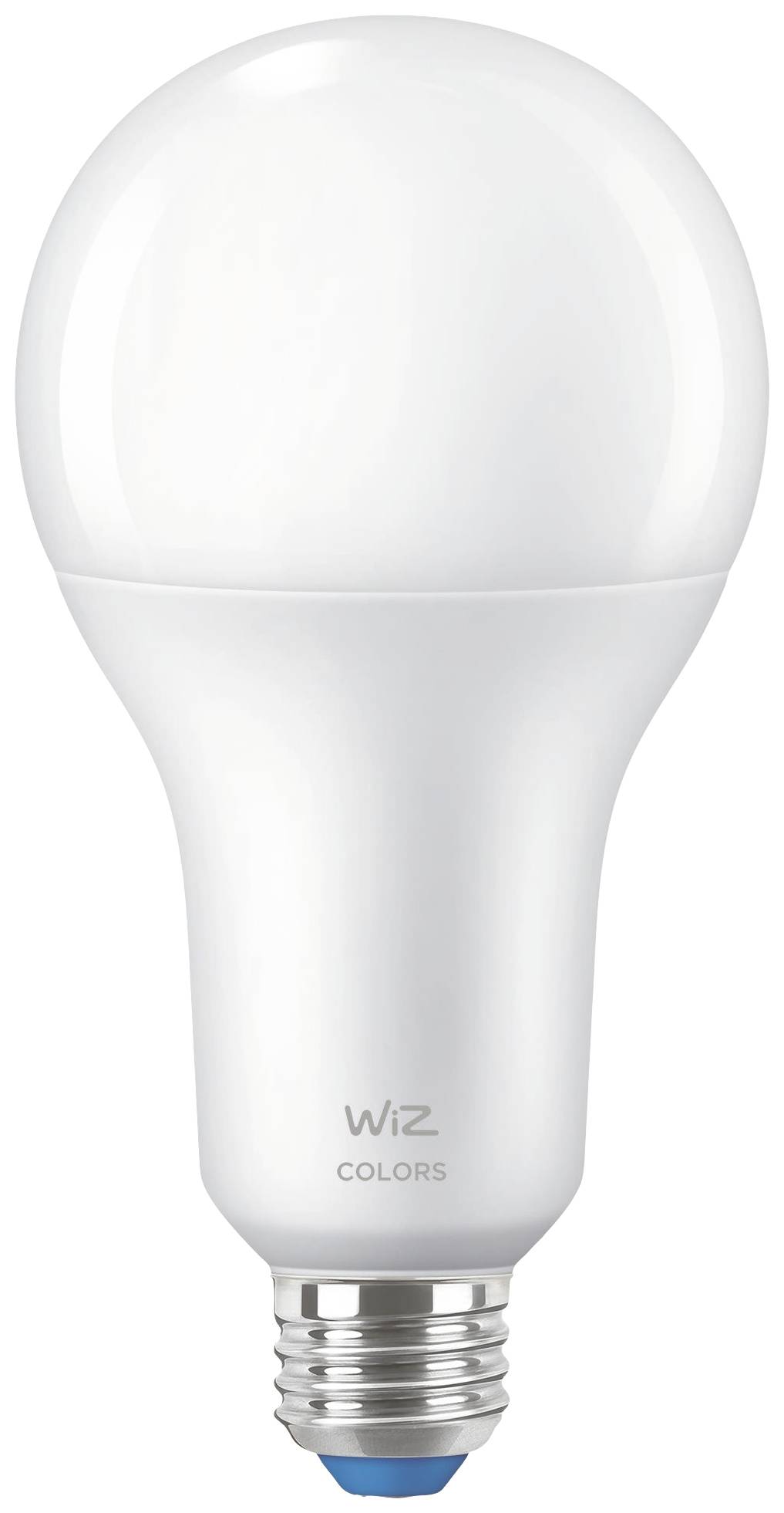 Biała lampa LED marki "WiZ Colors", w kształcie żarówki, do oprawki E27. Energooszczędna i możliwa do ustawienia w różnych kolorach.