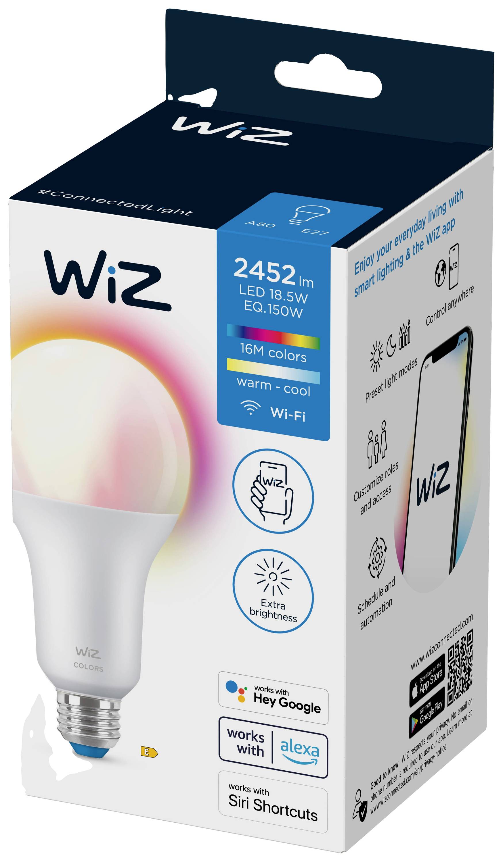 Żarówka LED WiZ w opakowaniu. Oferuje 16 milionów kolorów, możliwość ściemniania oraz współpracę z Alexą i Siri przez Wi-Fi.