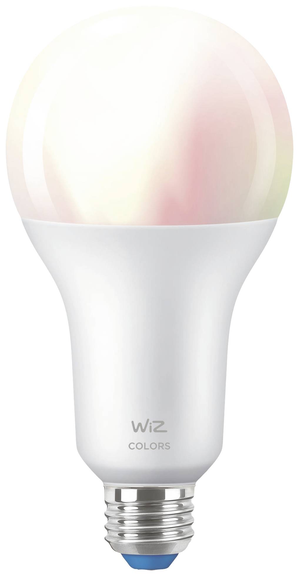 Inteligentna żarówka LED z gniazdem E27 marki Wiz. Żarówka jest białą, posiadającą świecącą, wielokolorową górną część.