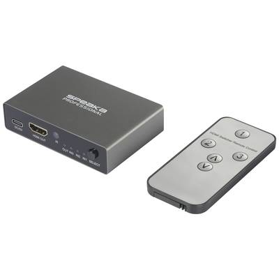 Przełącznik HDMI z pilotem. Urządzenie posiada wyjście HDMI, wejście prądu stałego, trzy wejścia HDMI oraz przycisk wyboru.