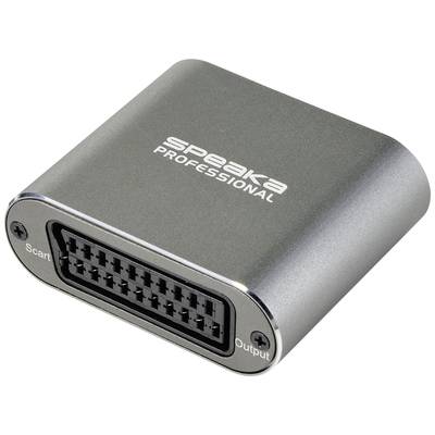 Szary adapter SCART marki 'Speaka Professional' z wejściami SCART i innymi złączami.