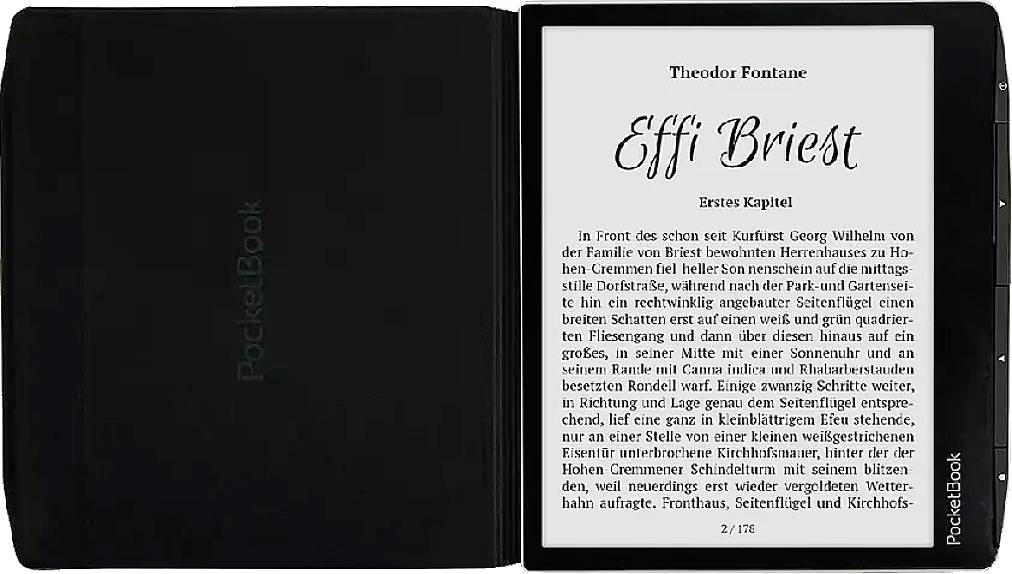 Czytnik e-booków z otwartą stroną powieści Theodora Fontanego "Effi Briest". Tekst pierwszego rozdziału widoczny na ekranie.