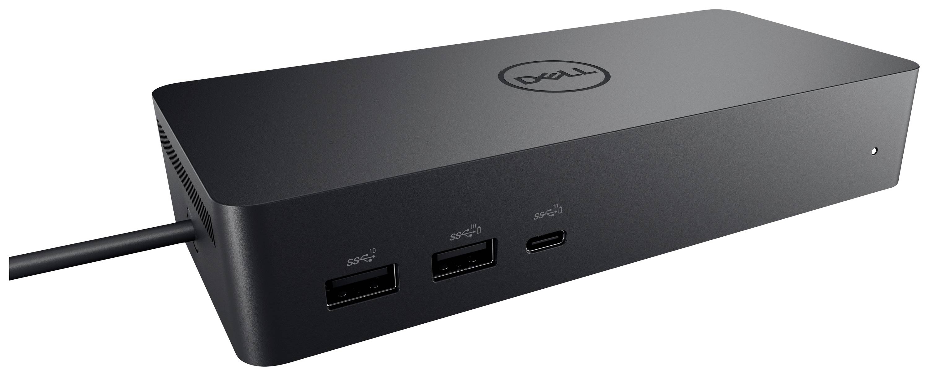 Czarna stacja dokująca Dell z wieloma portami USB. Kabel jest podłączony. Odpowiednia dla laptopów do podłączania dodatkowych urządzeń.