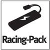Biały akumulator z symbolem błyskawicy i napisem 'Racing-Pack' na czarnym tle. Symbolizuje wydajne baterie.