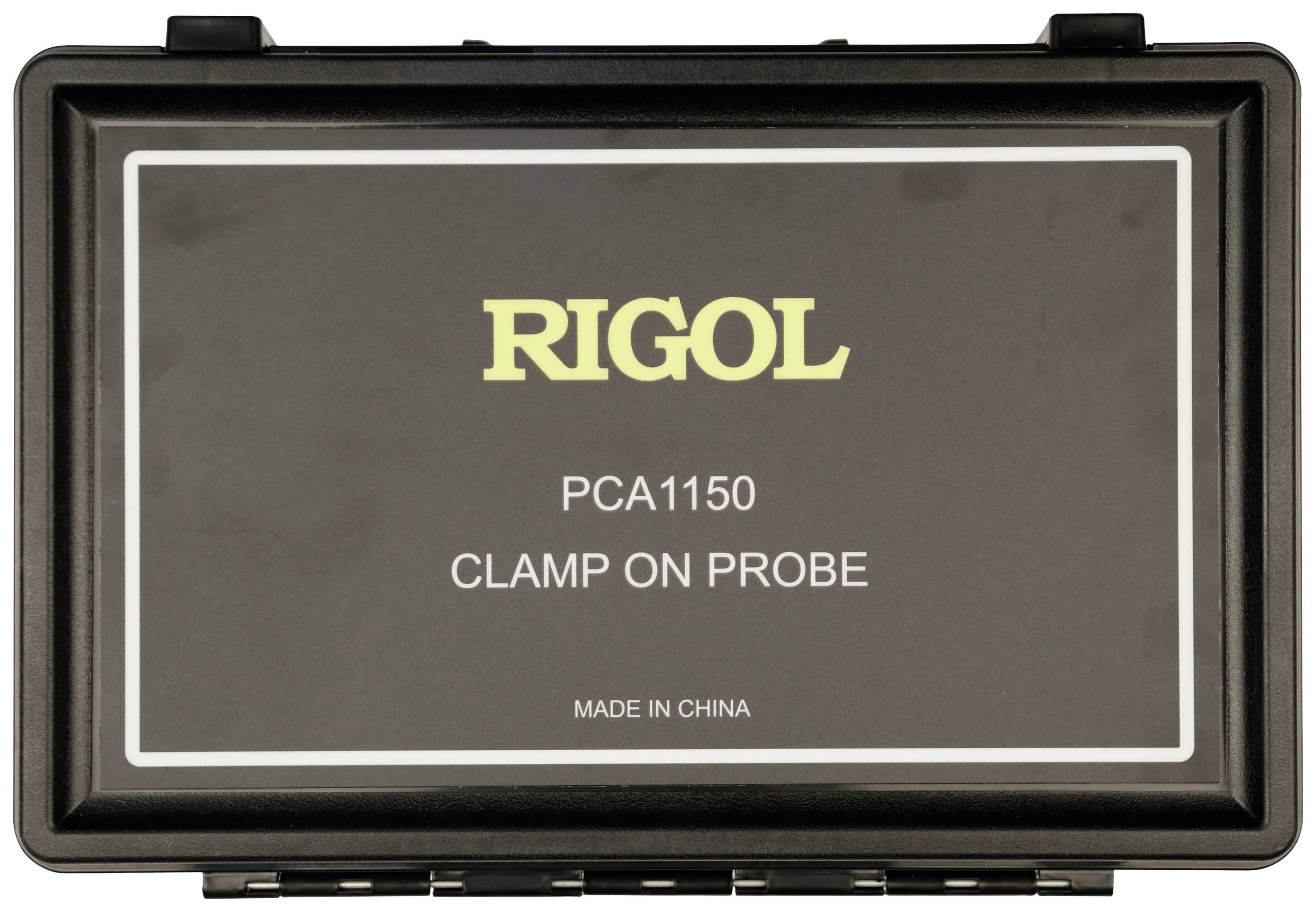 Na czarnym etui znajduje się napis 'RIGOL PCA1150 Clamp on Probe'. Poniżej naklejka z napisem 'Made in China'.
