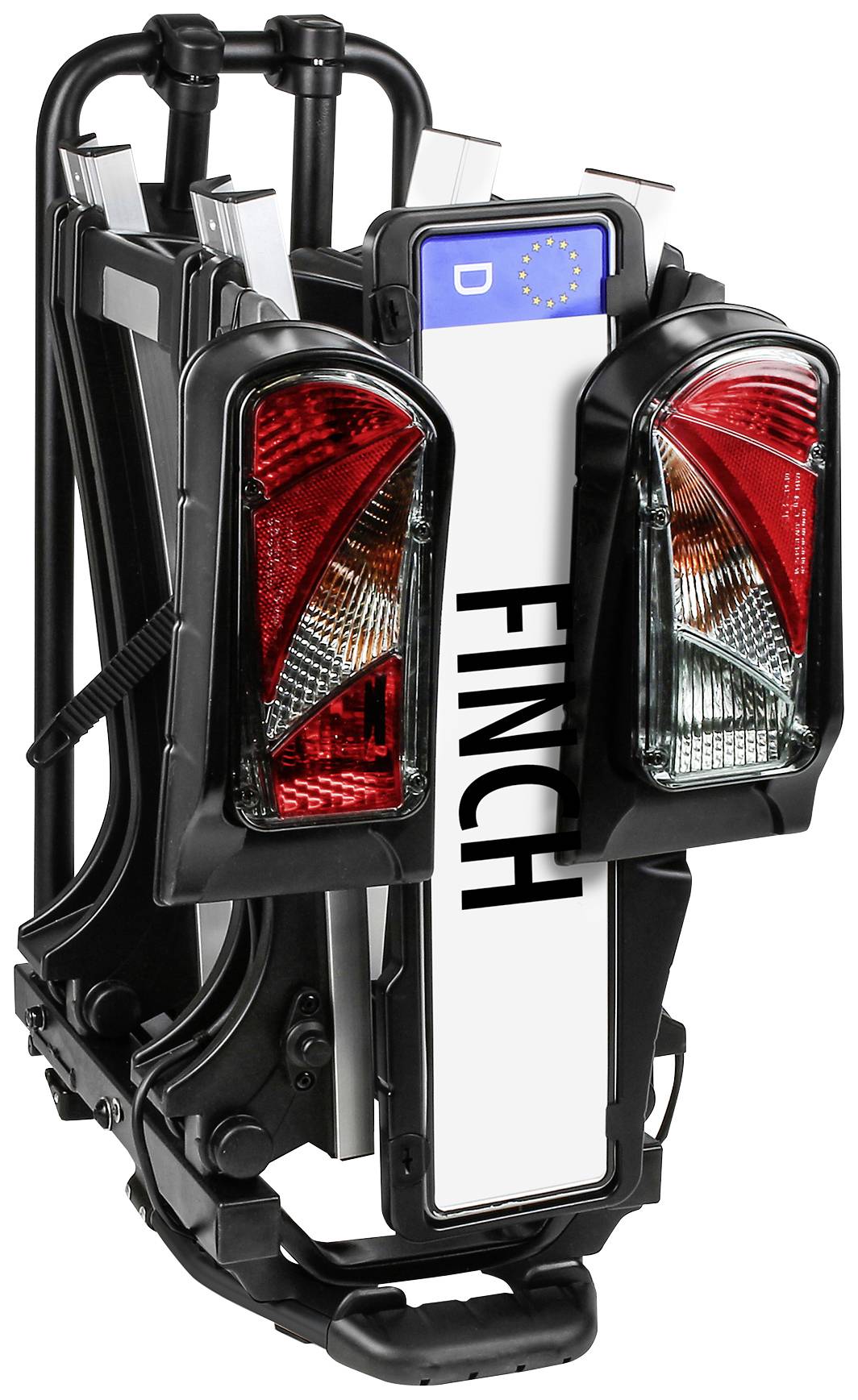 Składany bagażnik rowerowy z dwoma tylnymi światłami, uchwytem na tablicę rejestracyjną z napisem 'FINCH' oraz unijnym numerem rejestracyjnym.