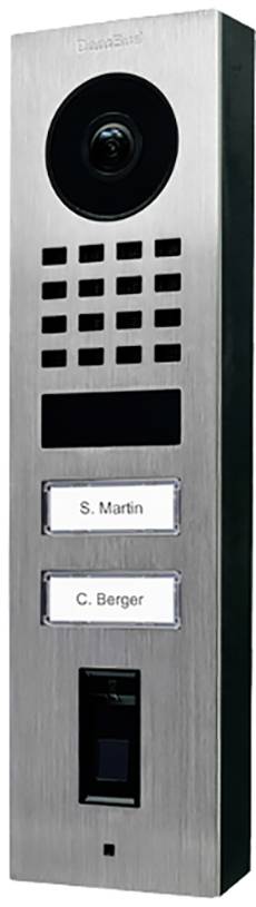 Stalowa kaseta domofonowa z kamerą i dwoma przyciskami dzwonkowymi opisanymi 'S. Martin' i 'C. Berger'.