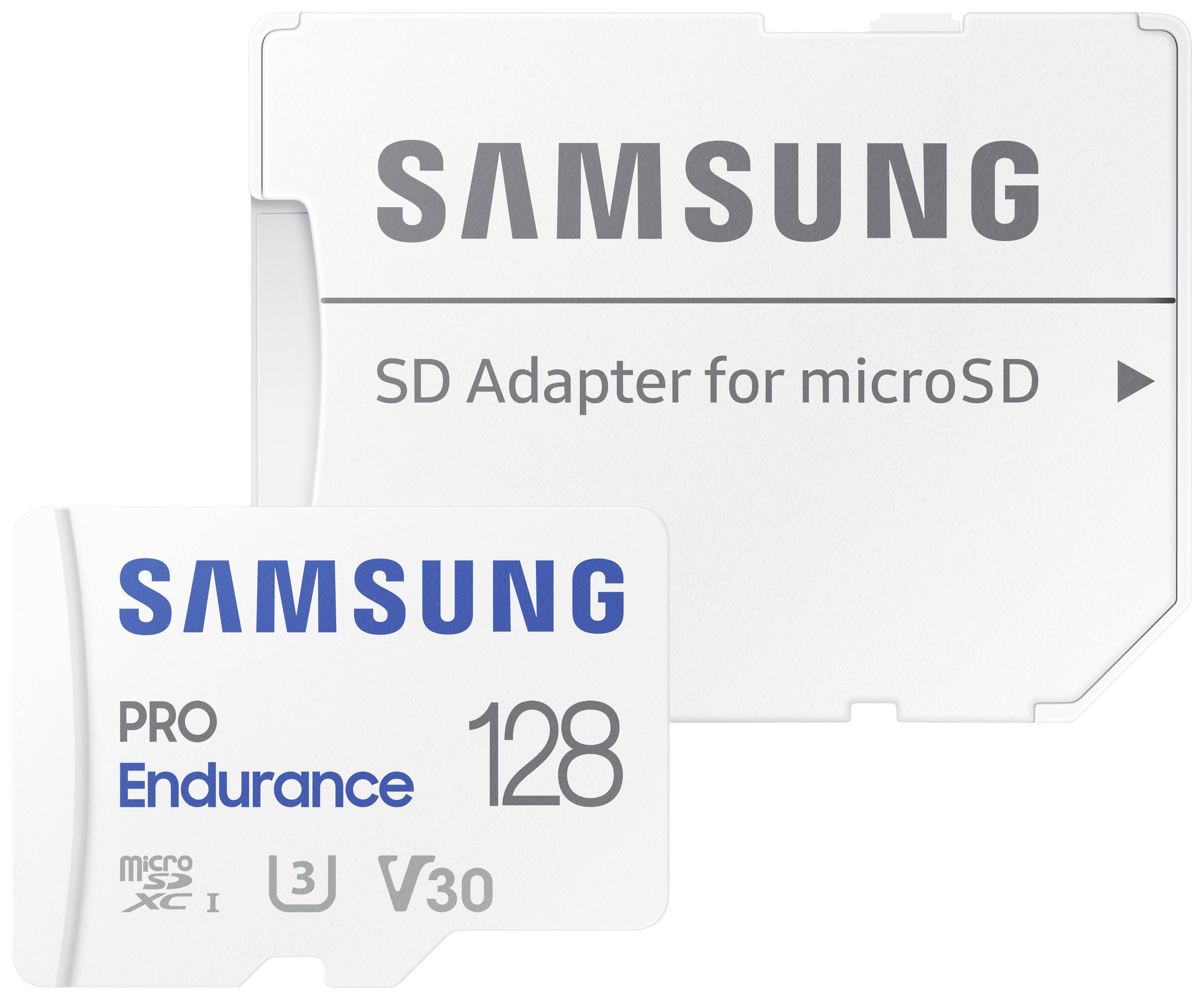 Karta microSD Samsung PRO Endurance o pojemności 128 GB leży przed adapterem SD do kart microSD firmy Samsung.