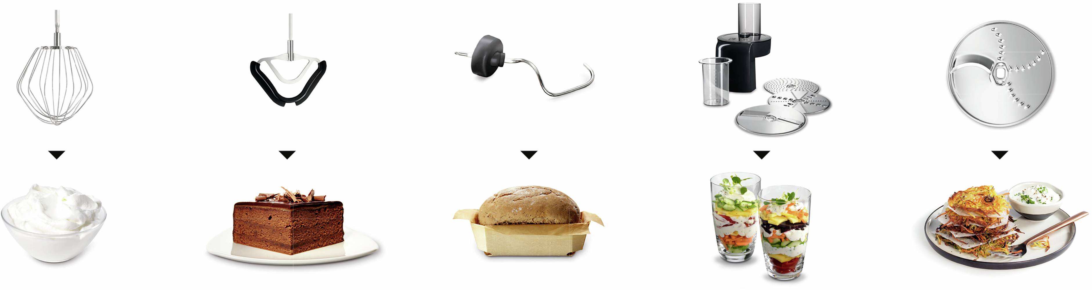 Na obrazku przedstawiono różne akcesoria kuchenne i ich zastosowania: trzepaczkę z bitą śmietaną, nóż z ciastem, hak do wyrabiania ciasta z chlebem, rozdrabniacz wielofunkcyjny z warzywami oraz tarką z sałatką.
