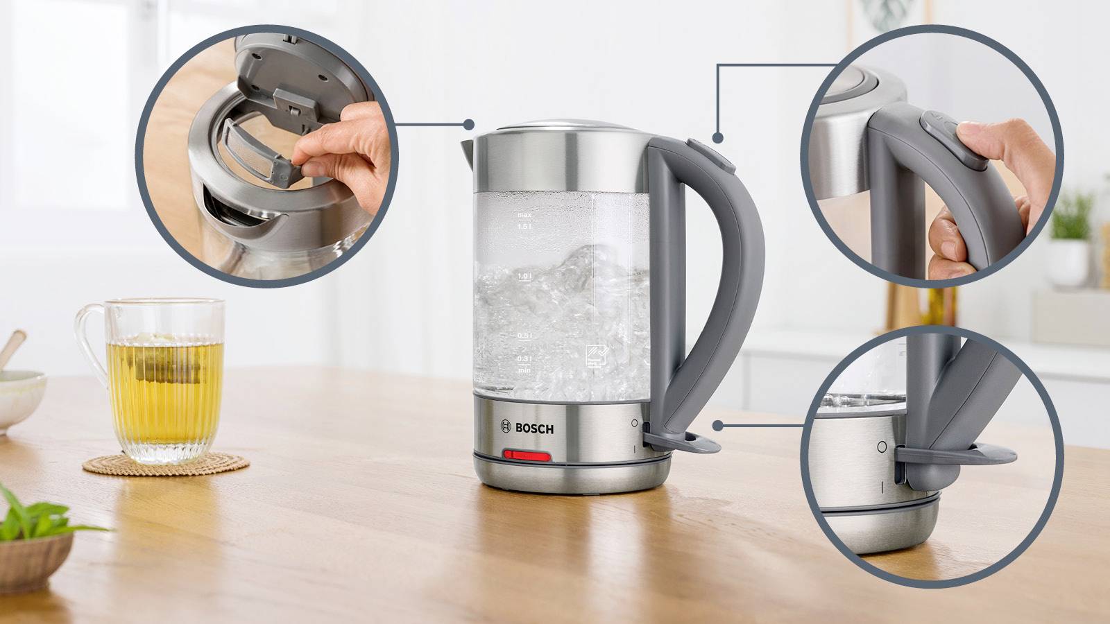 Elektryczny czajnik stojący na stole, z pionowymi kołami prezentującymi szczegóły jego funkcji, takimi jak otwieranie i zamykanie pokrywy.