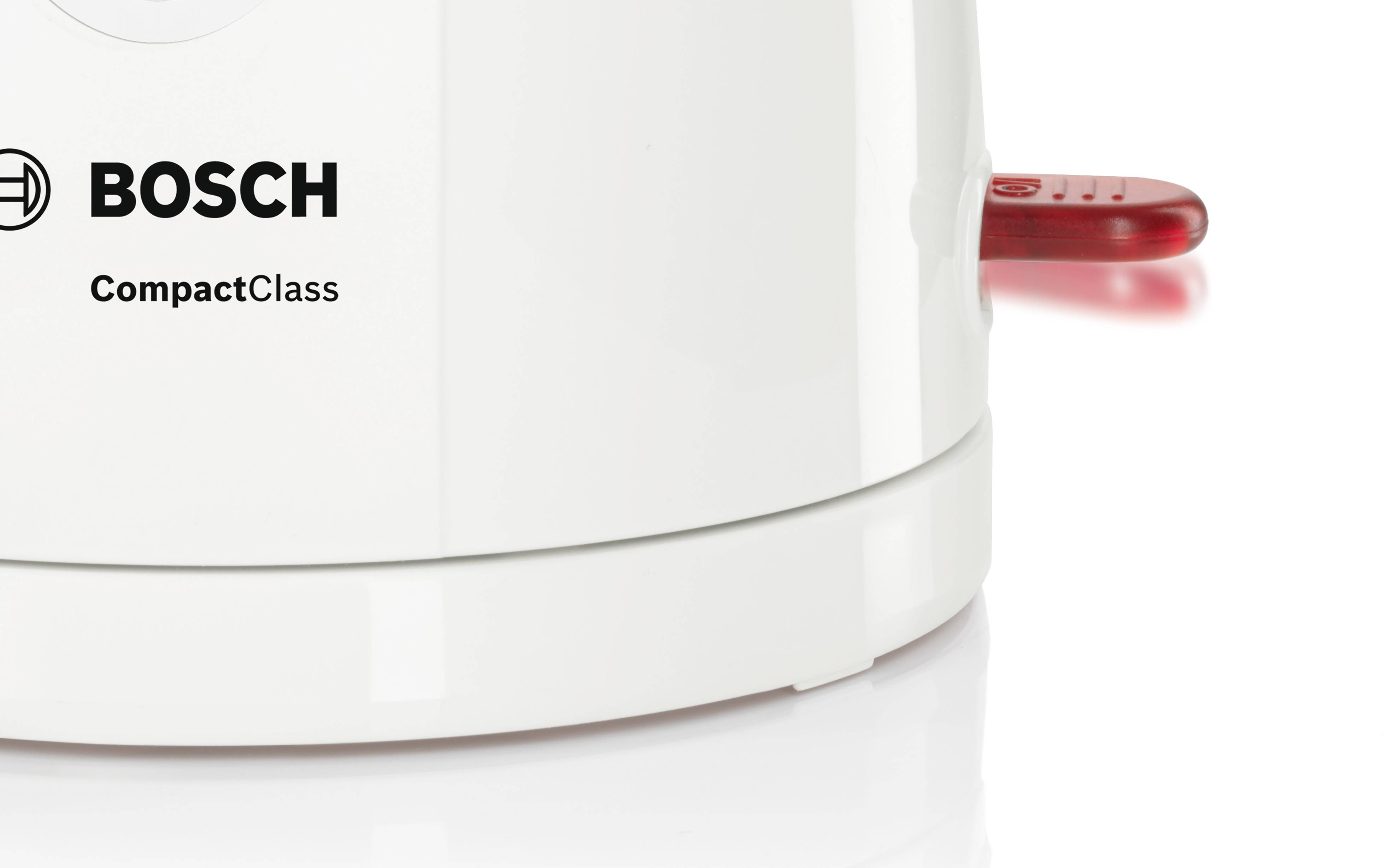 Biała baza urządzeń kuchennych Bosch CompactClass z czerwonym dźwignię z boku; minimalistyczna i funkcjonalna.