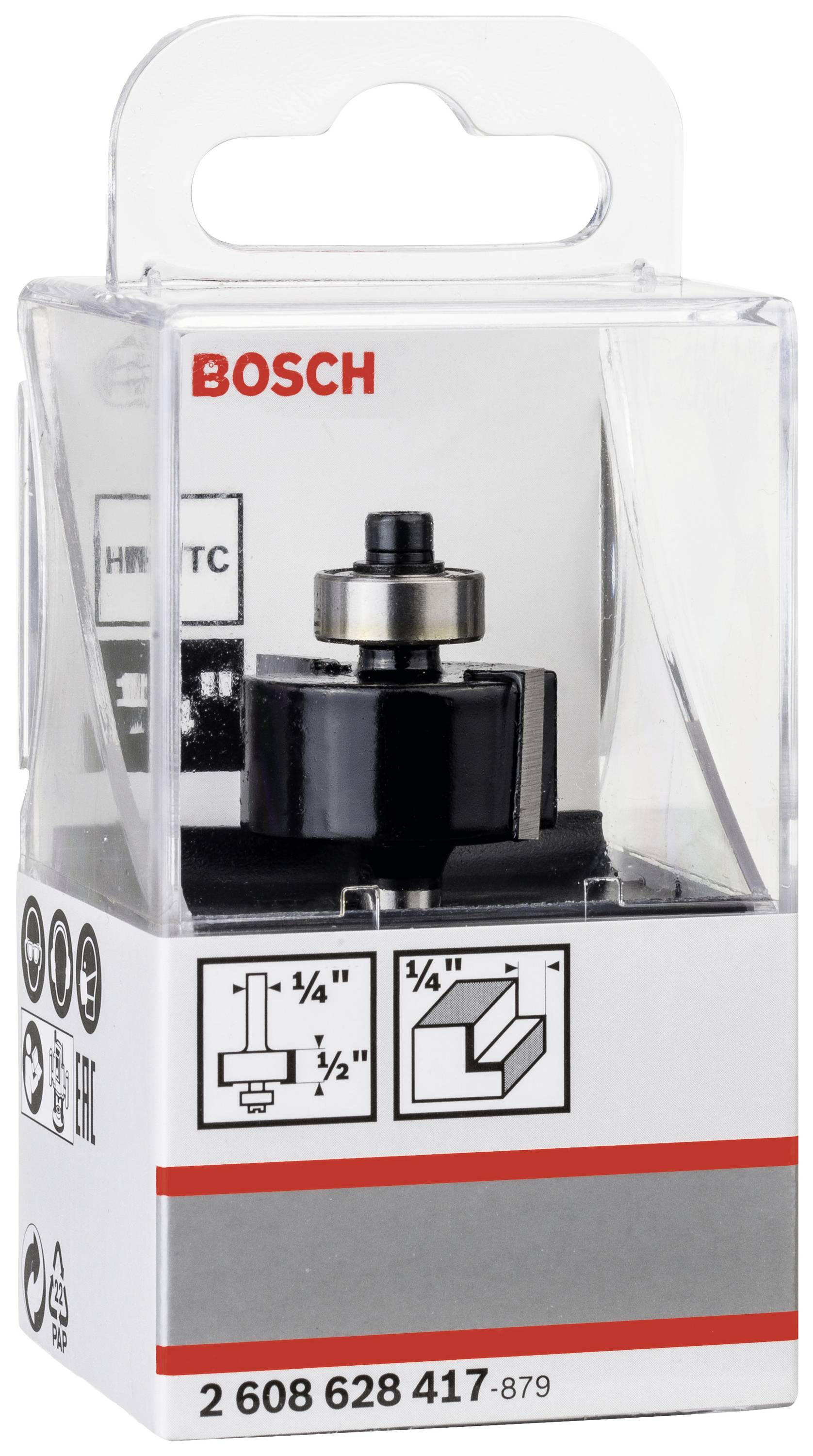 Przezroczyste opakowanie firmy Bosch z frezem. Nadruk przedstawia szczegóły produktu, informacje o rozmiarze (1/4'' R, 1/2'' R) oraz logo Bosch.