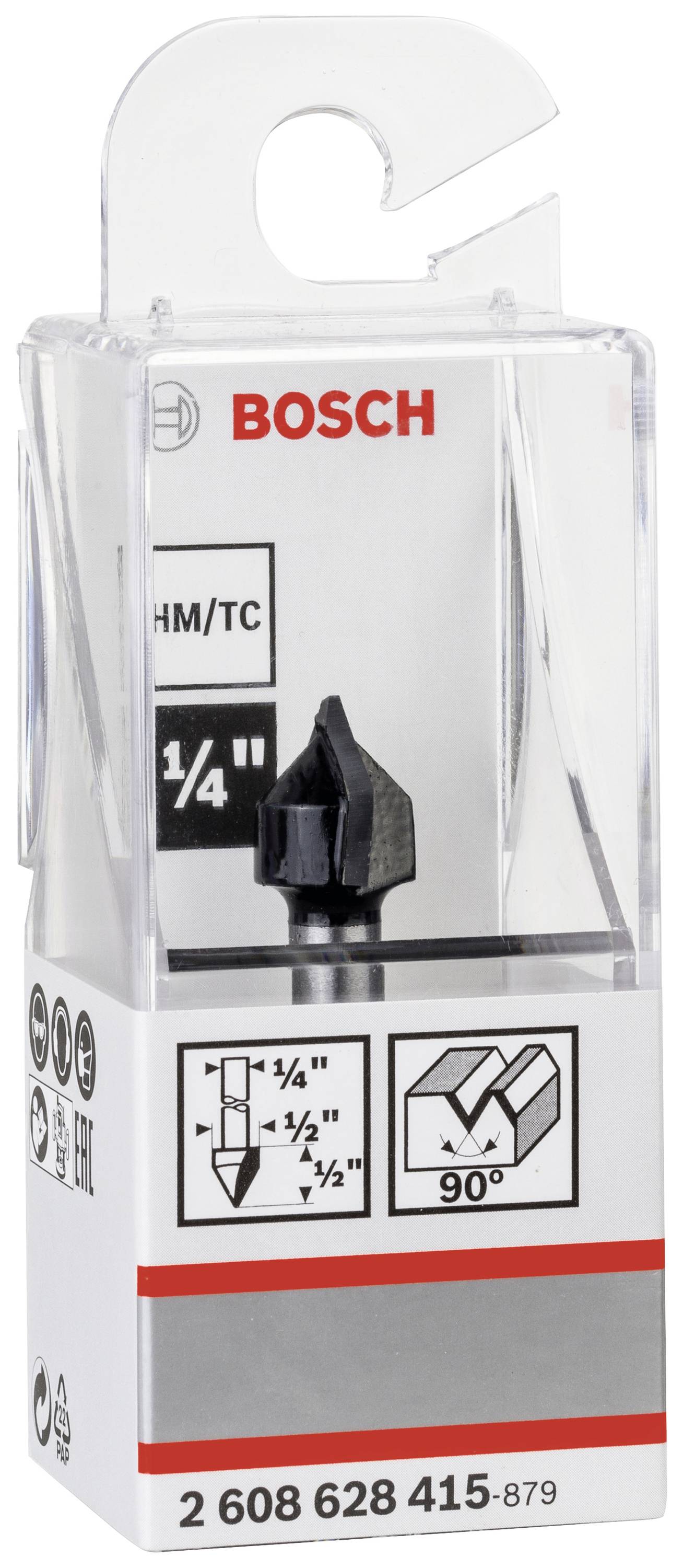 Opakowanie frezu Bosch z 90-stopniowym urządzeniem do cięcia krawędzi. Nadruk pokazuje wymiary i kod produktu '2 608 628 415-879'.