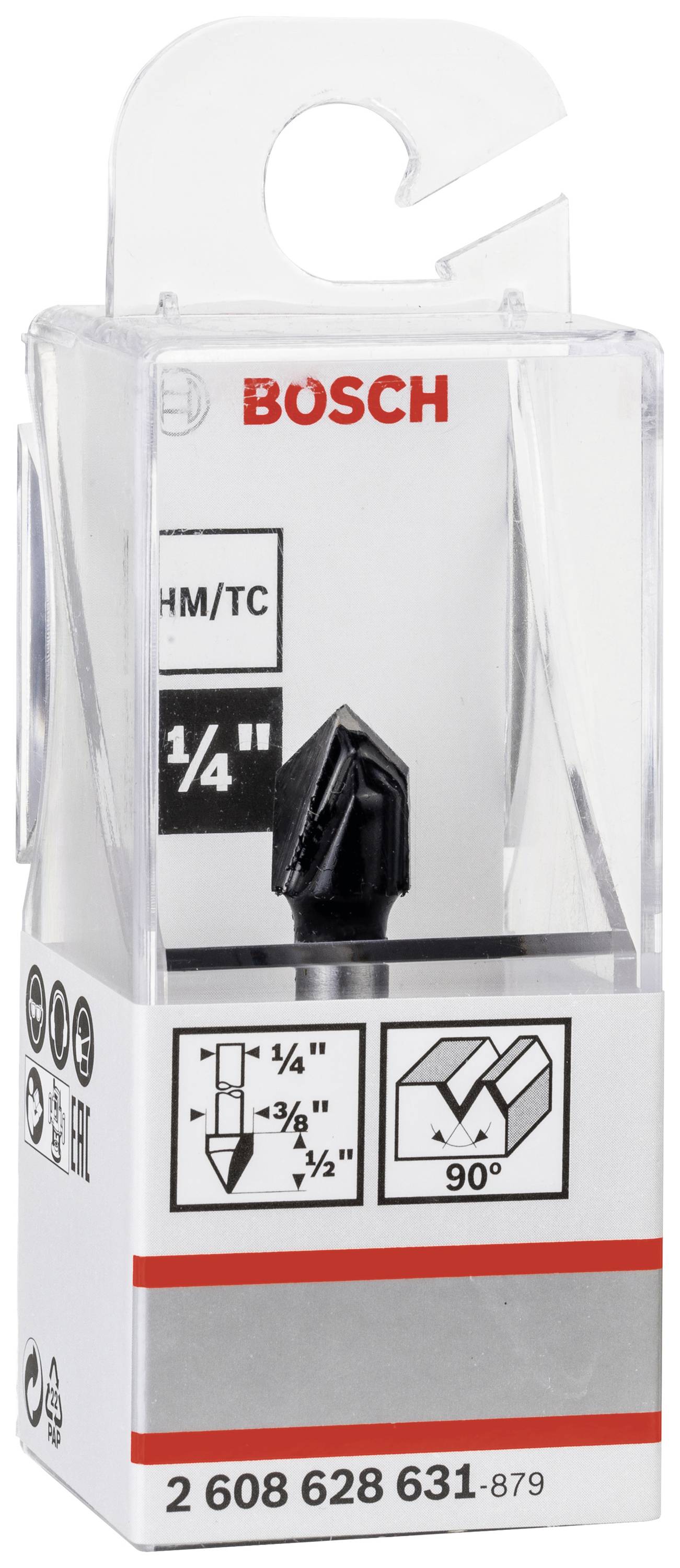 Opakowanie końcówki frezującej Bosch. Przedstawia rozmiar frezu '1/4"', kąt 90 stopni oraz techniczne rysunki zastosowania.