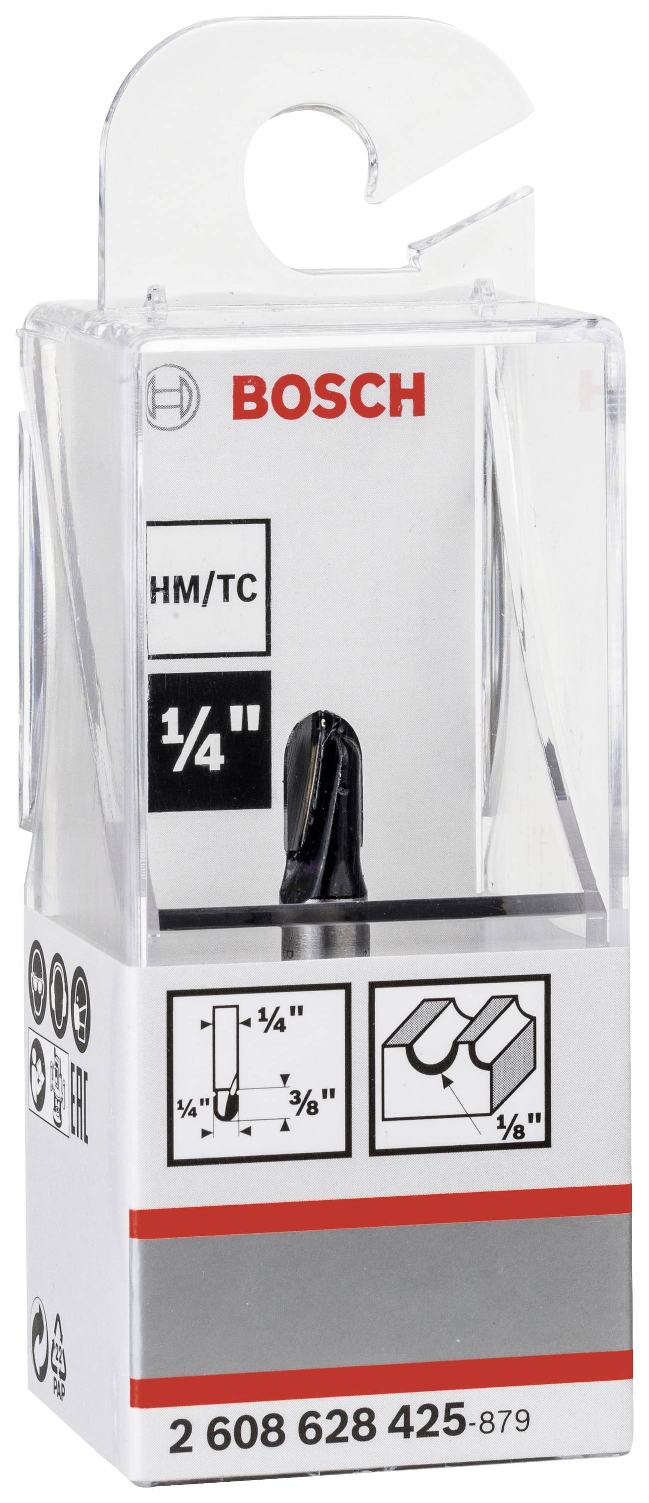 Opakowanie frezu Bosch 1/4" przedstawia produkt w przezroczystym pudełku z naniesionymi podziałkami technicznymi określającymi zastosowania i wymiary.