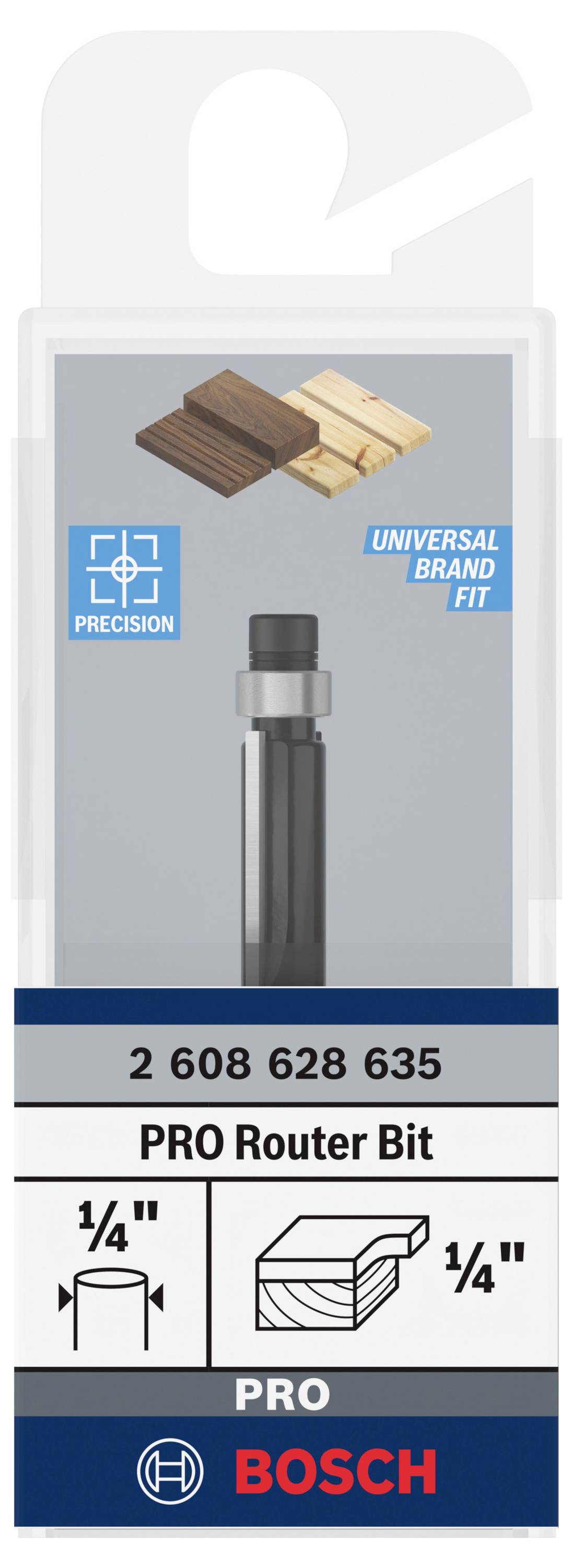Opakowanie 'Bosch PRO Router Bit' z wizerunkiem frezu i okrągłymi kawałkami drewna. Napis: 'Precision', 'Universal Brand Fit', '1/4"'.