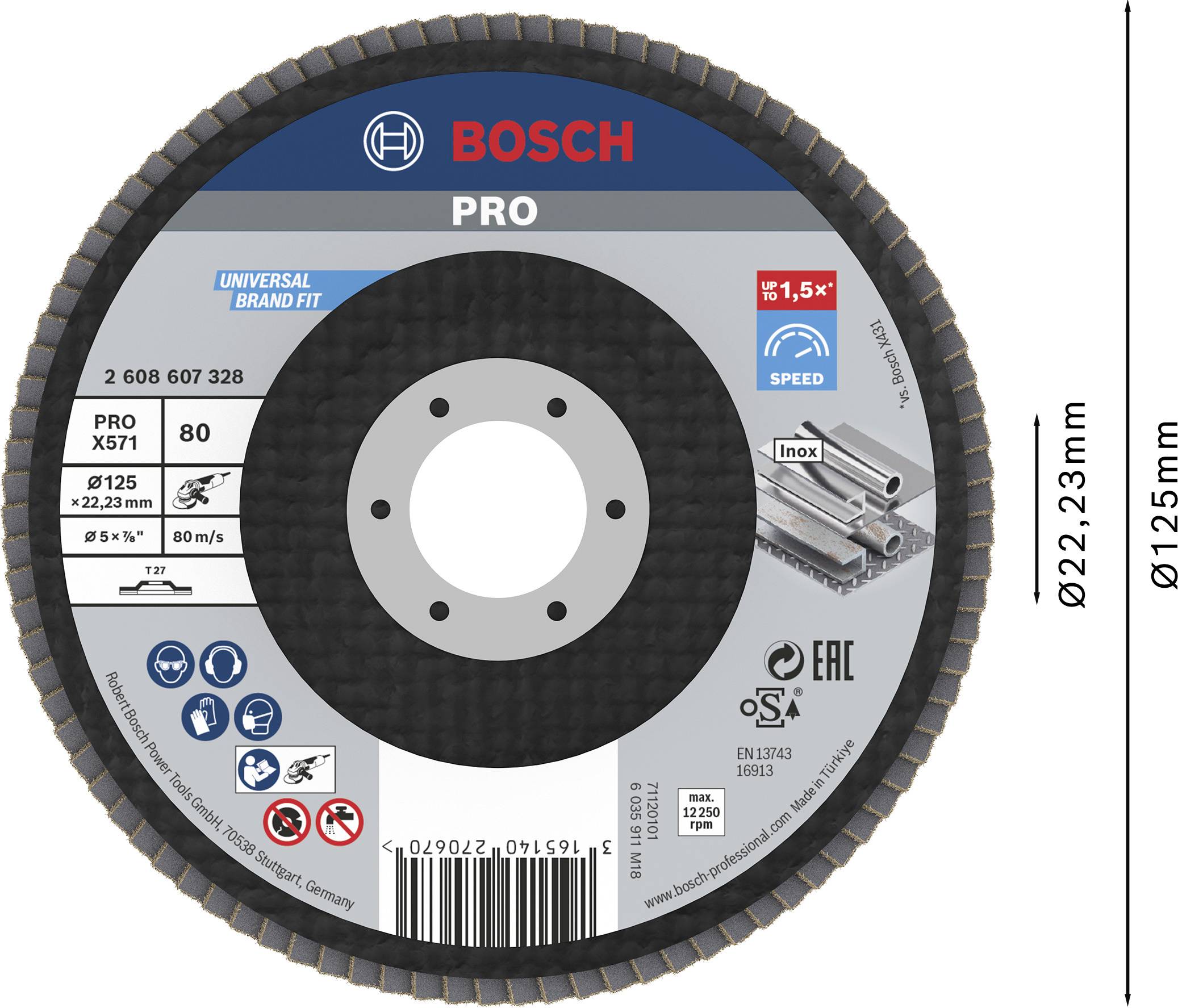 Tarcza szlifierska Bosch PRO, średnica 125 mm, otwór 22,23 mm, przeznaczona do szlifowania metalu, maks. 80 m/s, ziarnistość P80.