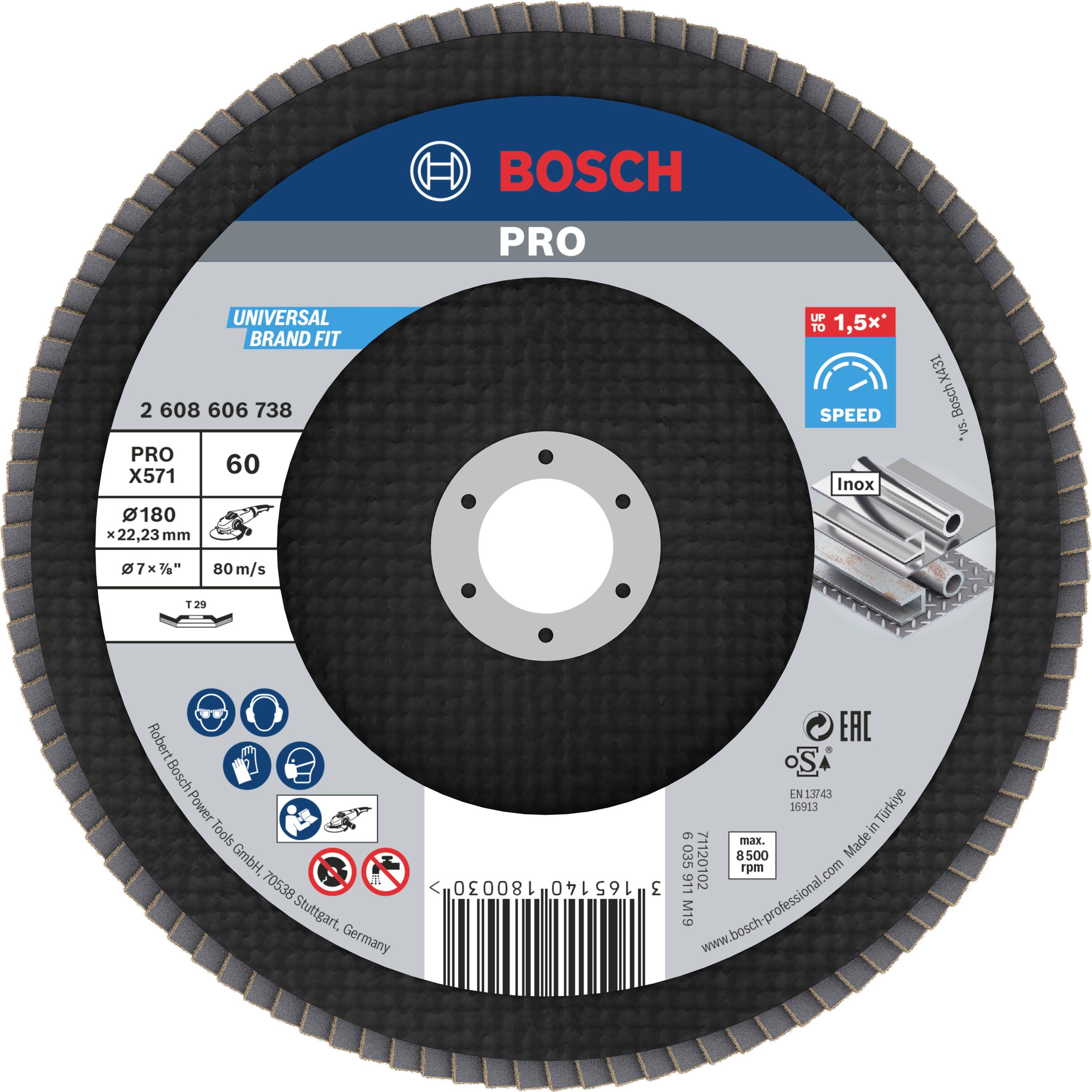 Аксесуари Bosch 2608606738 X571 Пелюстковий шліфувальний круг Діаметр 180 мм Діаметр отвору 22,33 мм Зернистість 60 сталь 1 шт.