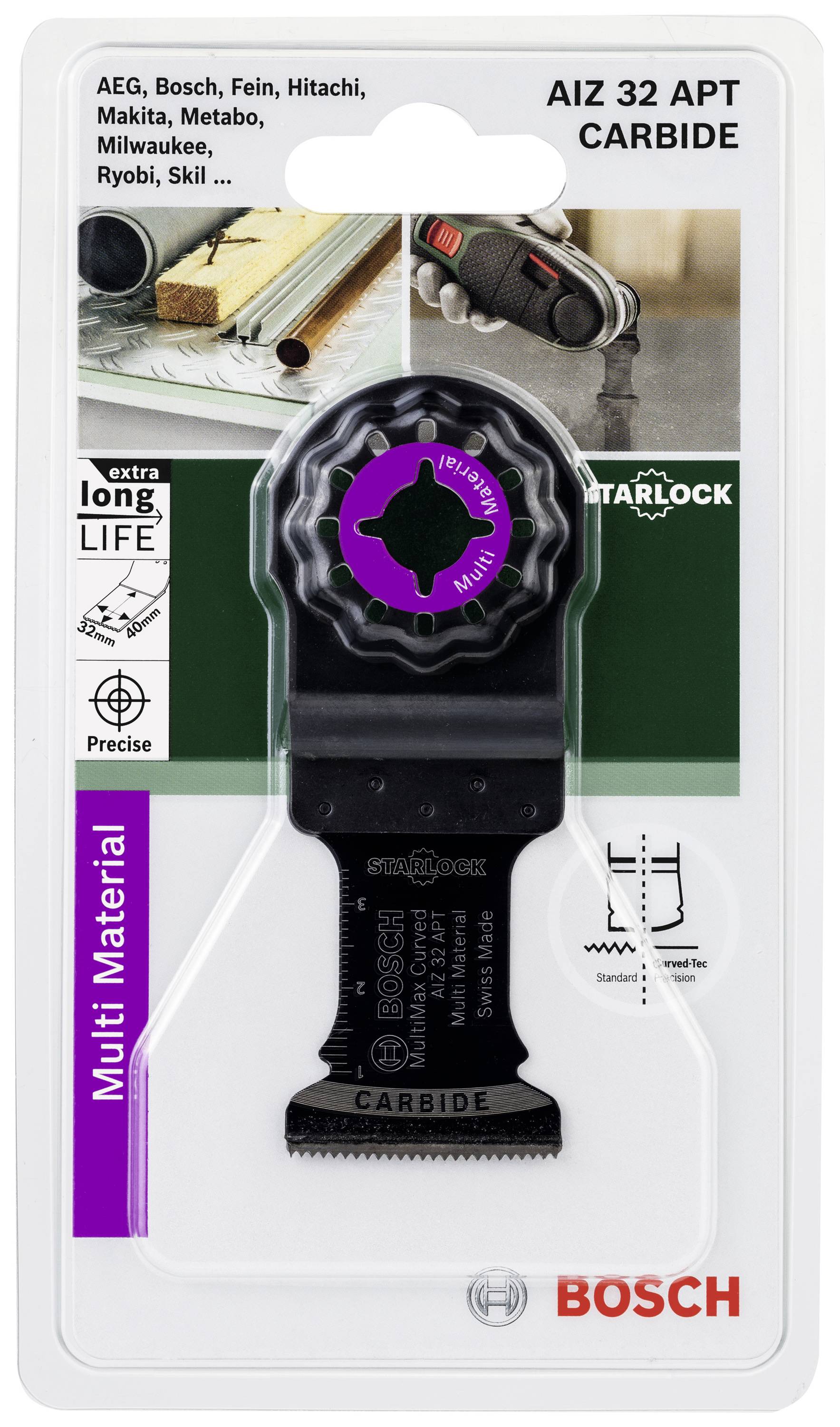 Brzeszczot Bosch Starlock AIZ 32 APT do multinarzędzi, kompatybilny z markami takimi jak Bosch, Fein, Makita, przeznaczony do precyzyjnych cięć w różnych materiałach.