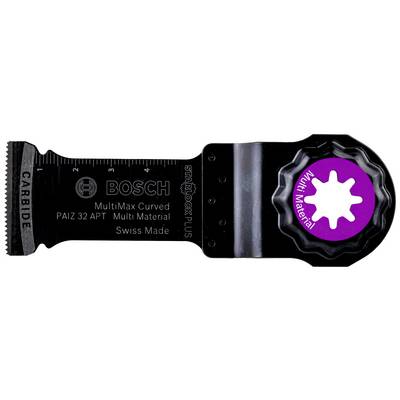 Ostrze piły Bosch Starlock Plus MultiMax Curved, 32 mm, Multi-Material, Szwajcarska Produkcja z podziałką milimetrową i fioletowym motywem koła zębatego.