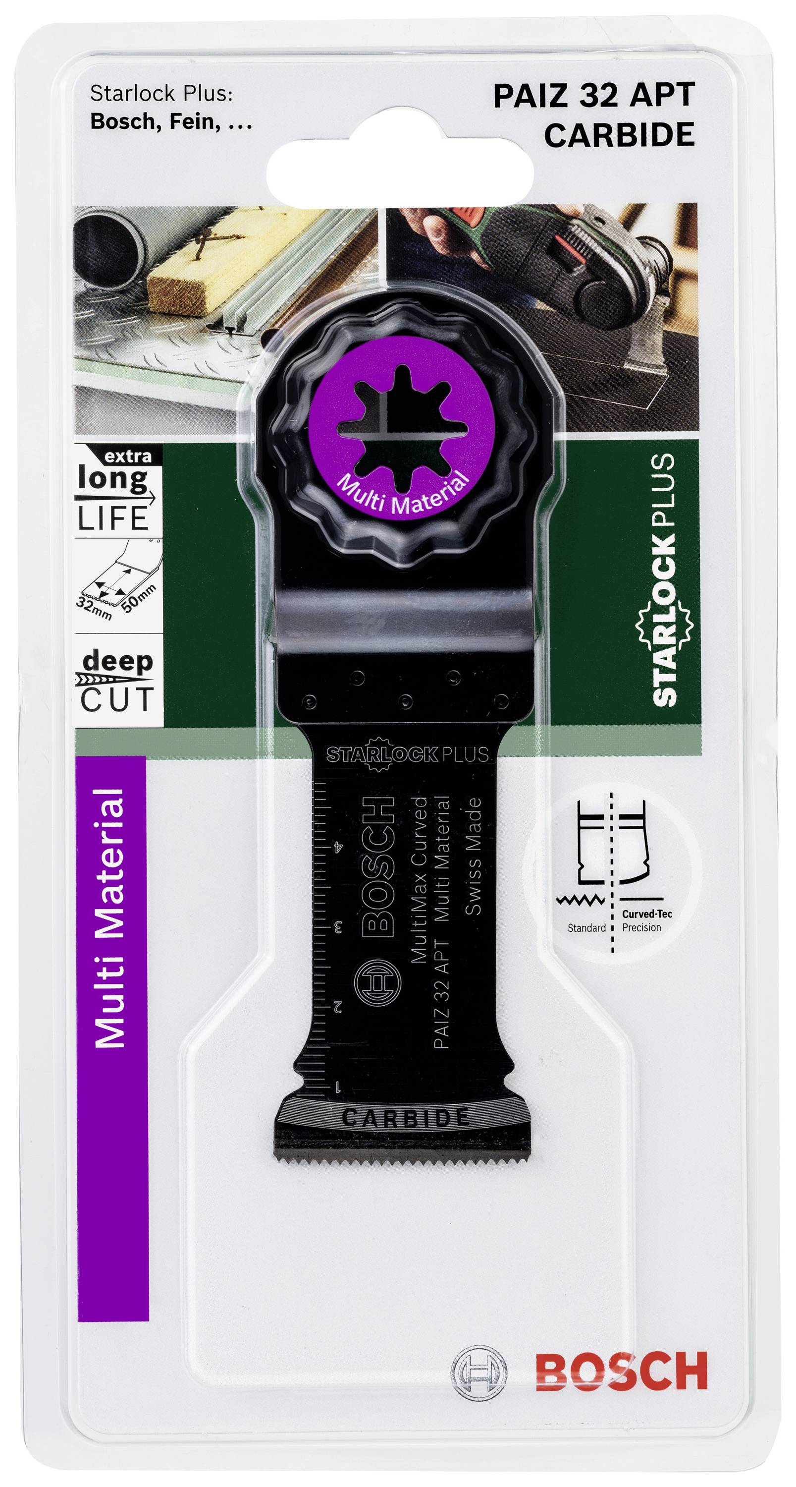 Brzeszczot Bosch Starlock Plus do wielu materiałów, idealny do precyzyjnych cięć. Opakowanie prezentuje produkt i logo.