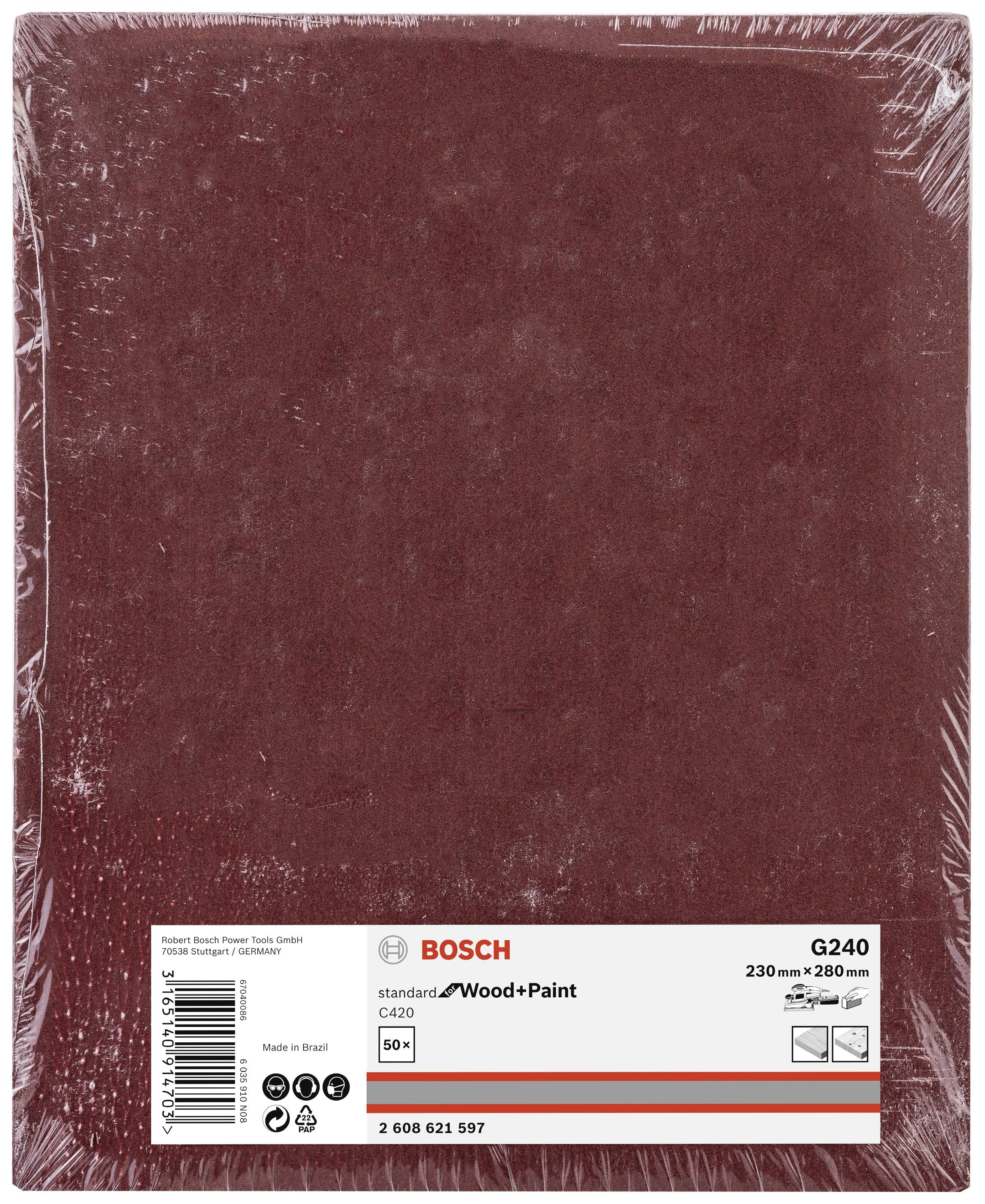 Opakowanie papieru ściernego marki Bosch, typ 'G240', rozmiar 230 mm x 280 mm, do prac drewnianych i lakierniczych, 50 arkuszy.