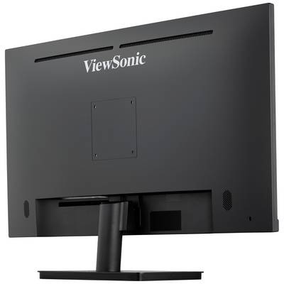 Widok z tyłu czarnego monitora ViewSonic z wąskimi otworami wentylacyjnymi u góry i solidną podstawą.