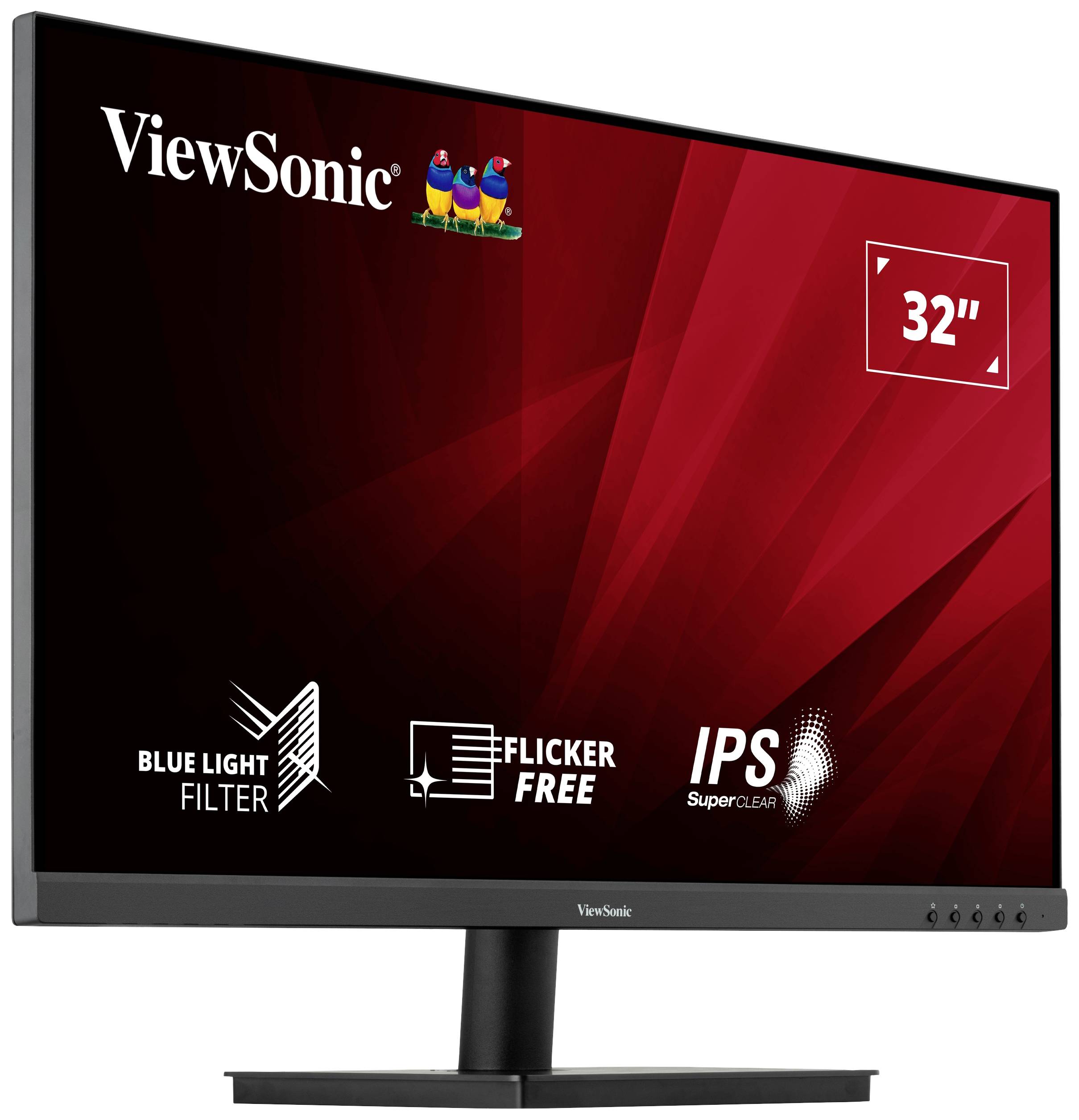 32-calowy monitor ViewSonic z filtrem światła niebieskiego, technologią Flicker Free oraz IPS SuperClear na czerwonym tle.