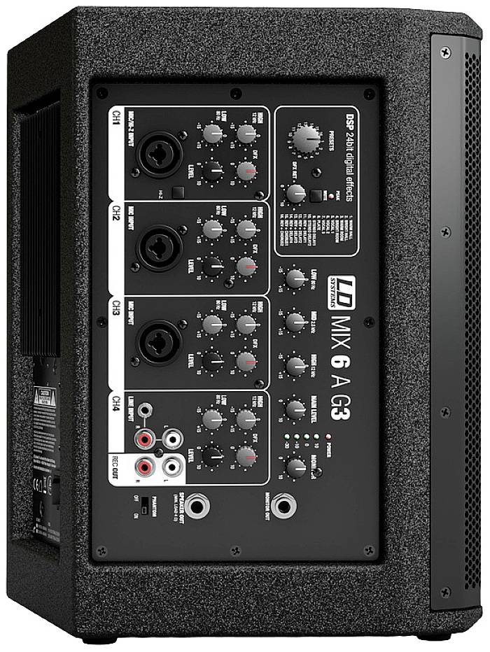 Czarny mikser audio z wieloma kanałami, suwakami i złączami, model 'ID MX 6 AG3'.