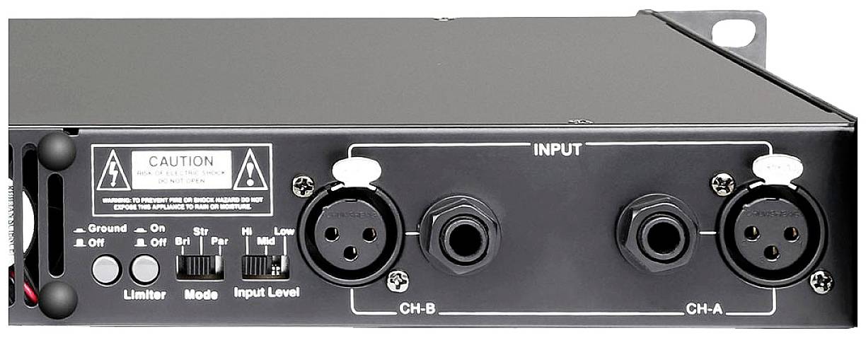 Tylna strona wzmacniacza audio z dwoma wejściami XLR oznaczonymi jako CH-A i CH-B, obok przełączniki Ground, Limiter, Mode i Input Level.