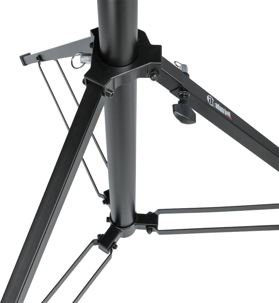 Czarny statyw z regulowanymi nogami i centralną kolumną, odpowiedni do podtrzymywania urządzeń lub oświetlenia.