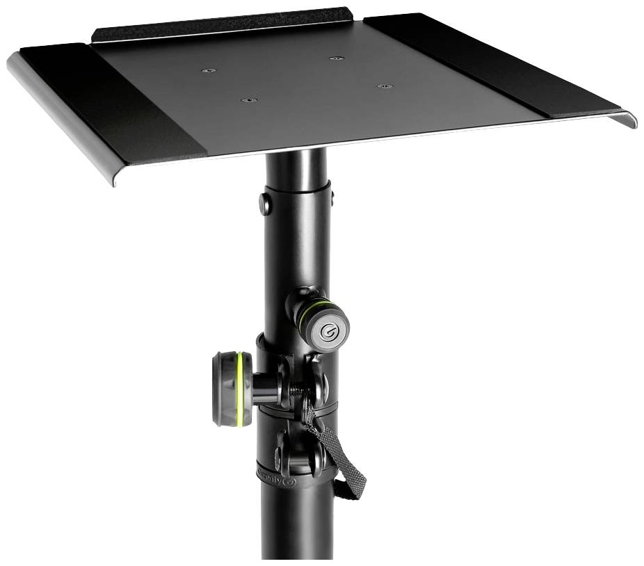 Czarny statyw z prostokątną platformą, regulowaną blokadą i zielonymi akcentami, odpowiedni do sprzętu technicznego.