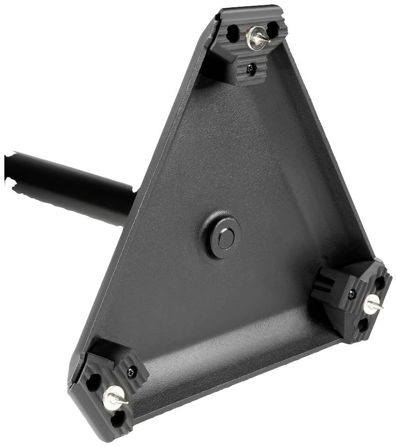 Trójkątna płyta metalowa z otworami montażowymi w narożnikach, prawdopodobnie element służący do mocowania lub instalacji.